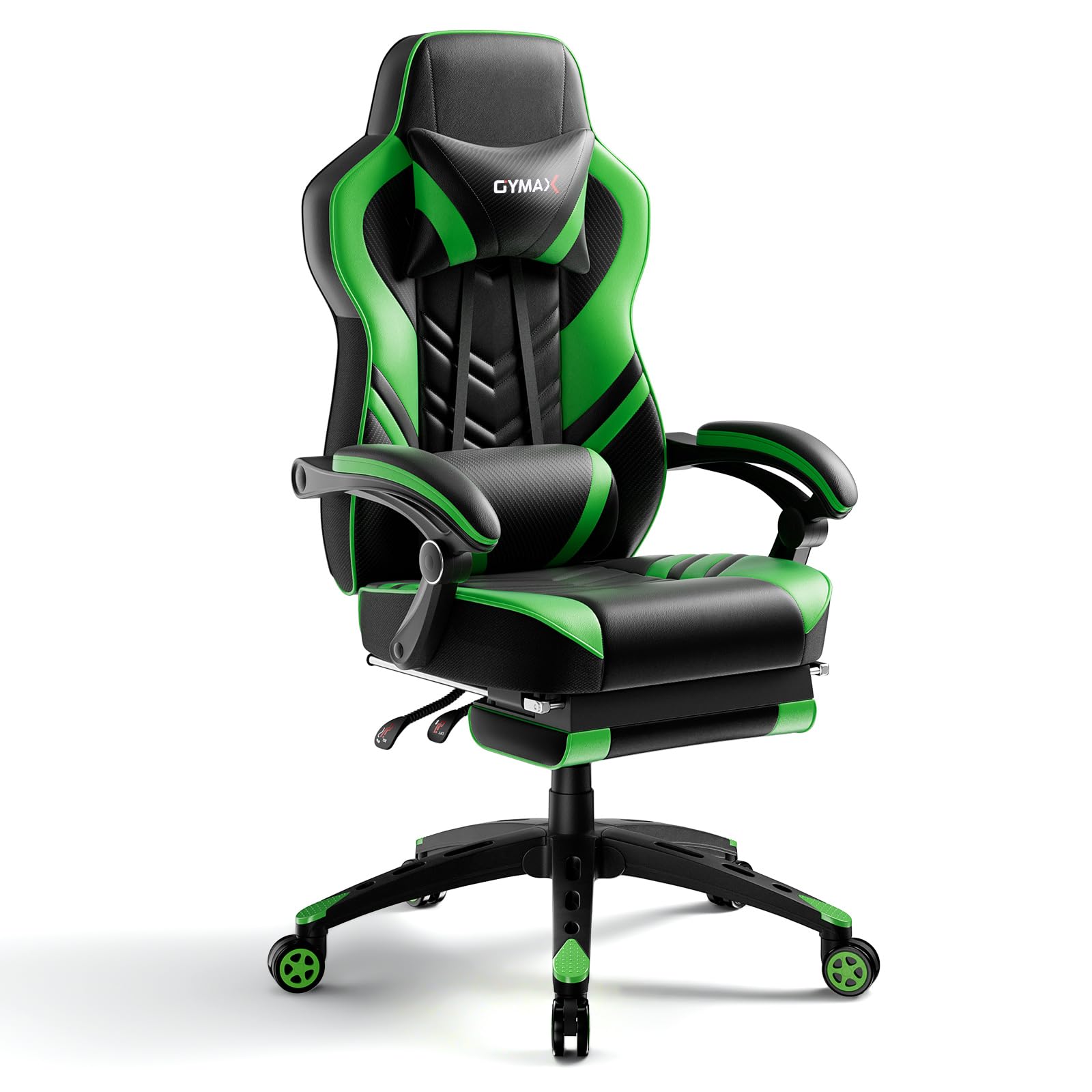 **POWERSTONE Gaming Chair - Ergonomic Racing Style PU Leather Computer Chair with Adjustable Lumbar Support & Footrest - Green - Perfect for Esports, Streaming & Office Work**