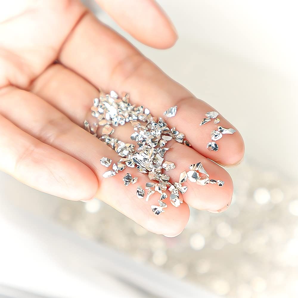 50g Silver Crushed Glass Sequin Glitter 2-4mm Irregular Chunky Shiny Broken Chips for Epoxy Resin Jewelry, Nail Art, Scrapbooking, Vase Filler, Home Decor, DIY Crafts, Wedding Centerpieces, Gift Wrapping