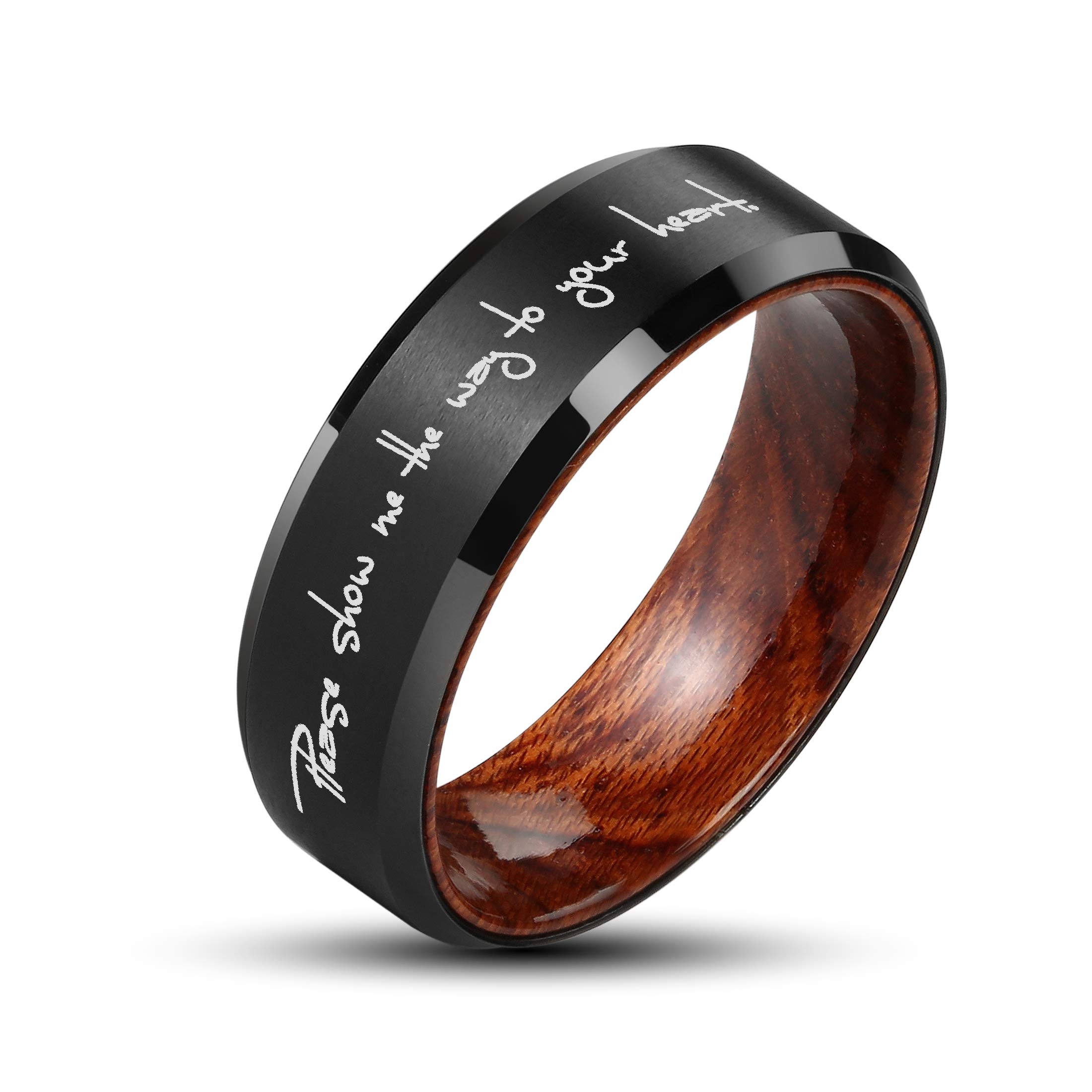 LerchPhi 8mm Black Tungsten Carbide Men's Ring with Hammered Finish & KOA Wood Inlay - Comfort Fit Wedding Band for Men, Ideal for Everyday Wear and Special Occasions