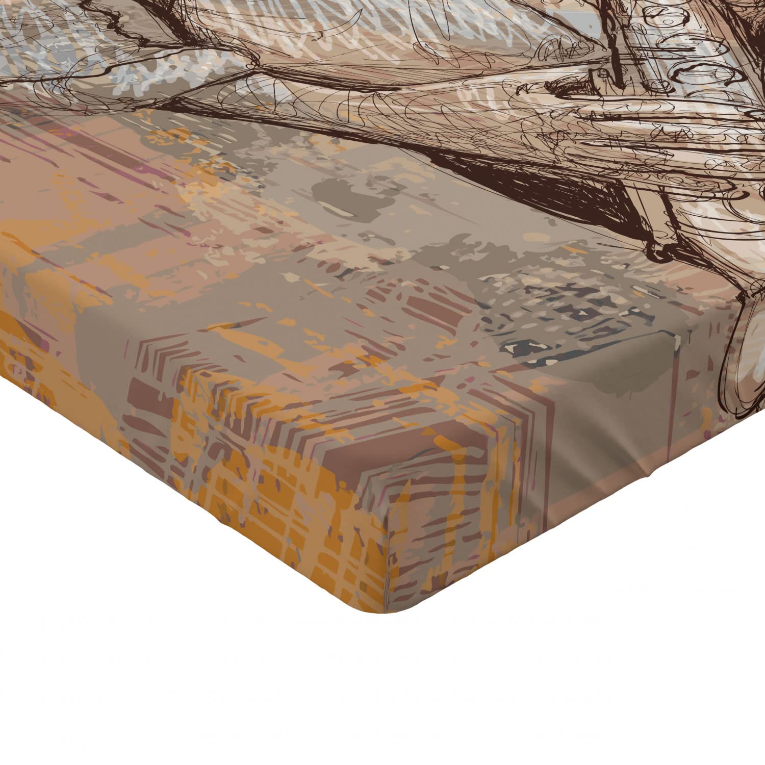 Ambesonne Music Fitted Sheet - Jazz Saxophone Player Street Art Print Bed Cover with Deep Pocket Elastic, Queen Size Brown Ecru | Perfect for Jazz Lovers' Bedroom Decor & Gift for Musicians