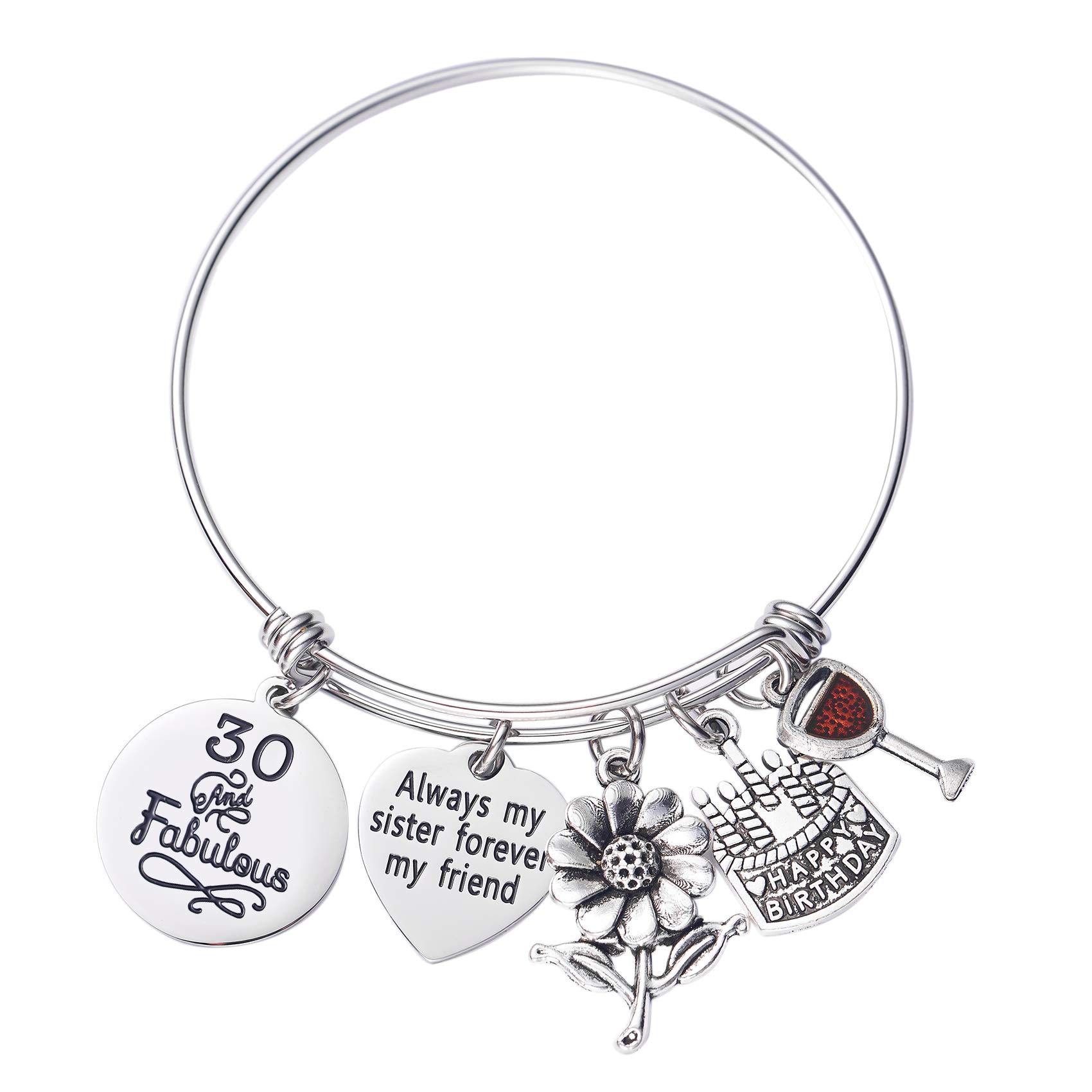LParkin Expandable Bracelet for Women - 30th & 40th Birthday Gifts, Sister Gifts with 'Always My Sister Forever My Friend' & 'Live Laugh Love' Cake Charms | Perfect for Birthdays, Anniversaries & Special Occasions