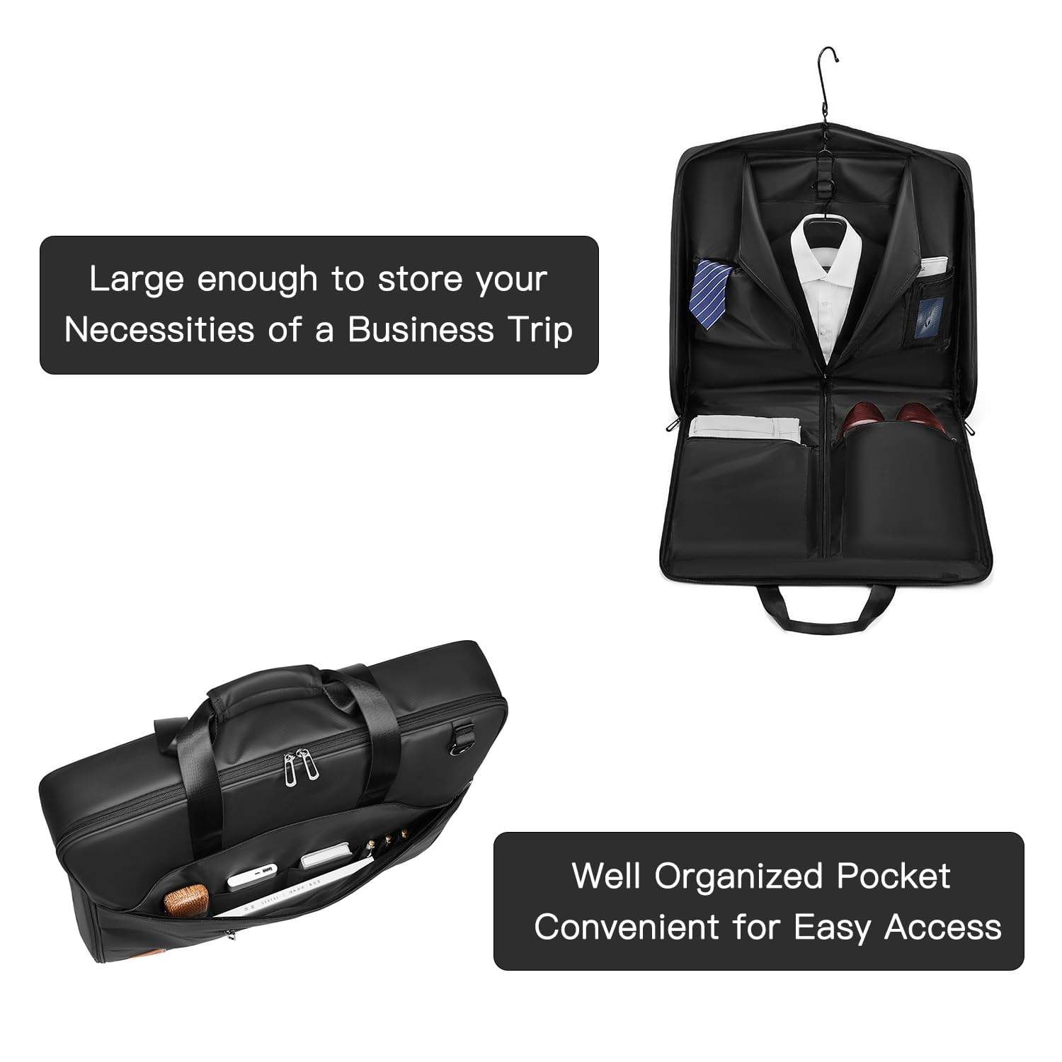 Moulyan Waterproof Travel Garment Bag for Hanging Clothes - Carry On Suit Bag with Adjustable Straps for Men & Women (Black) - Perfect for Business Trips, Weddings & Airplane Travel