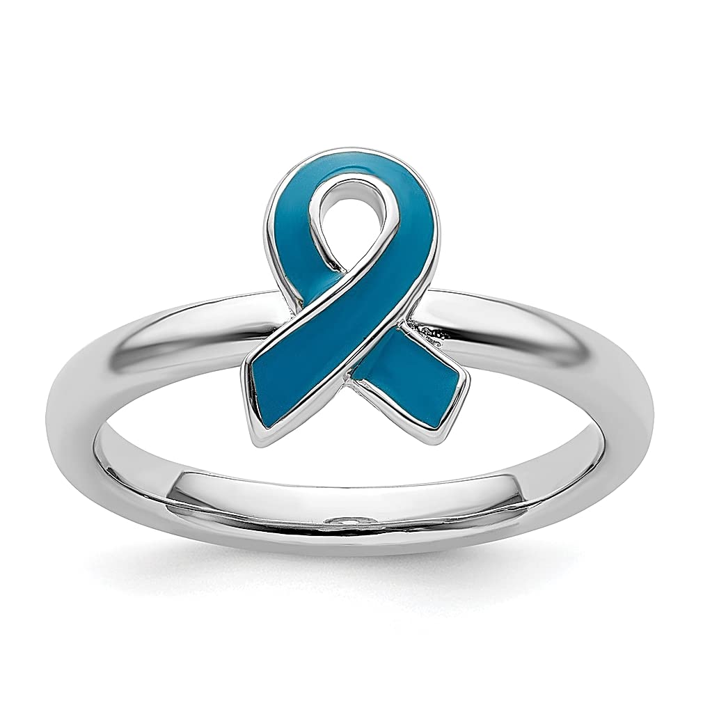 925 Sterling Silver Blue Enameled Awareness Ribbon Stackable Ring for Women - Breast Cancer Support Jewelry, Thoughtful Gift for Her - Perfect for Everyday Wear, Fundraising Events & Awareness Campaigns
