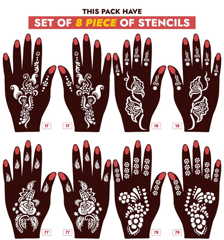 APCUTE 8-Piece Henna Stencil Kit for Hands - Easy Mehndi Design Stickers for Girls, Women & Kids | Quick DIY Temporary Tattoo Art | Perfect for Weddings, Parties & Festivals