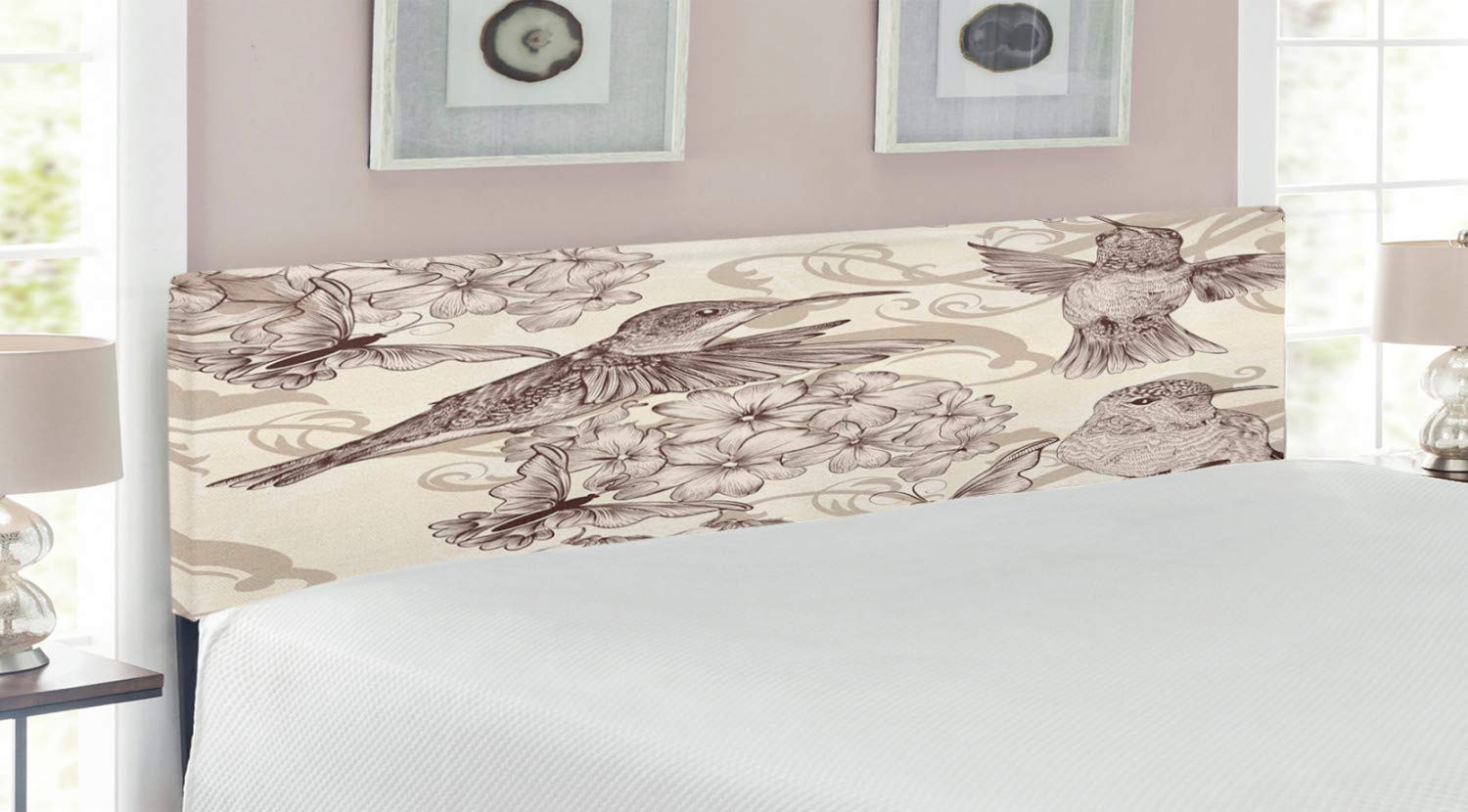 Ambesonne Hummingbird King Size Upholstered Headboard - Vintage Floral Bird Design with Memory Foam Padding, Beige Brown - Perfect for Master Bedroom, Guest Room & Bohemian Home Decor
