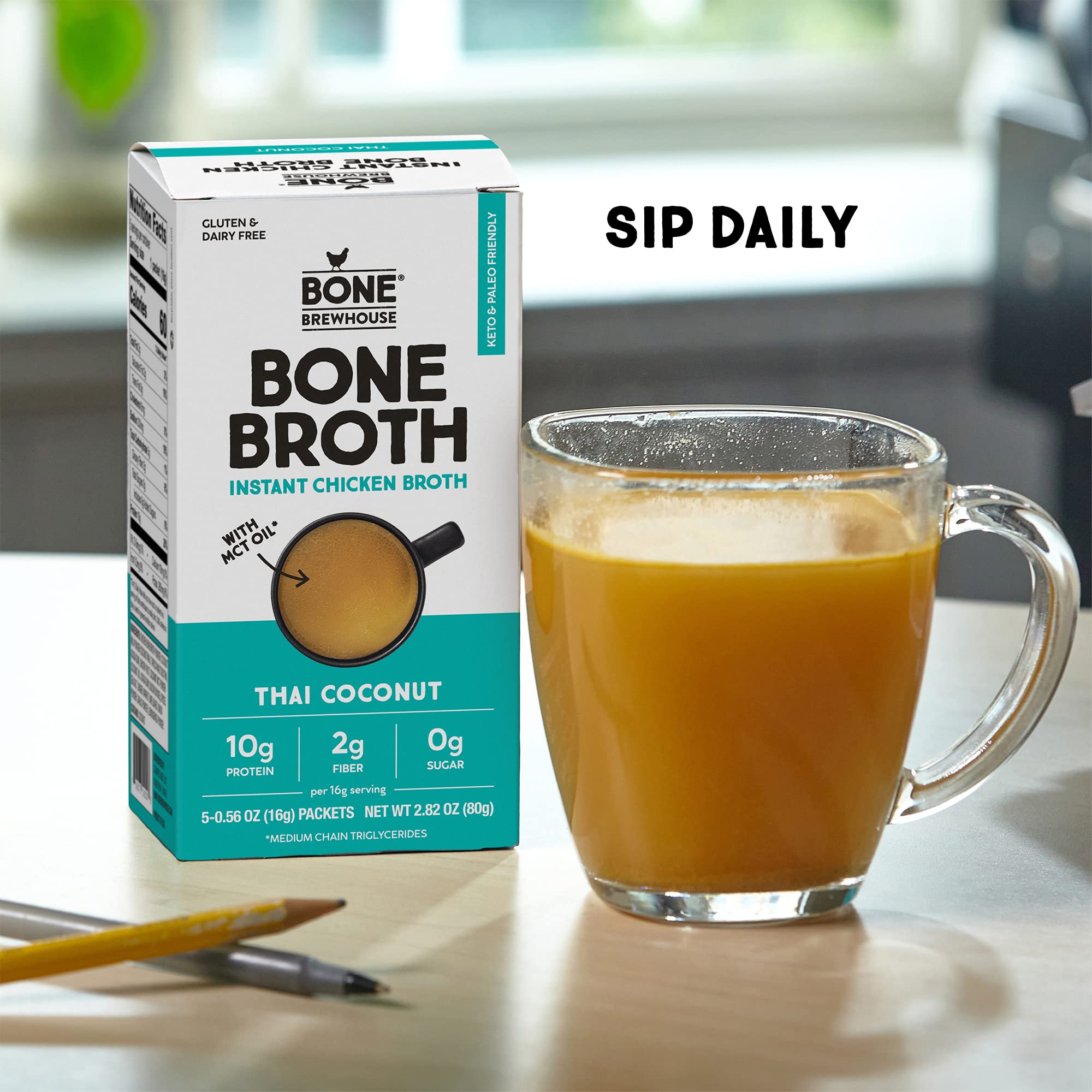 Bone Brewhouse Chicken Bone Broth Protein Powder - Thai Coconut Flavor | Keto, Paleo Friendly Instant Soup | 10g Protein, Natural Collagen | Gluten-Free, Dairy-Free (5 Servings) - Perfect for Post-Workout Recovery, Keto Diet & Healthy Cooking
