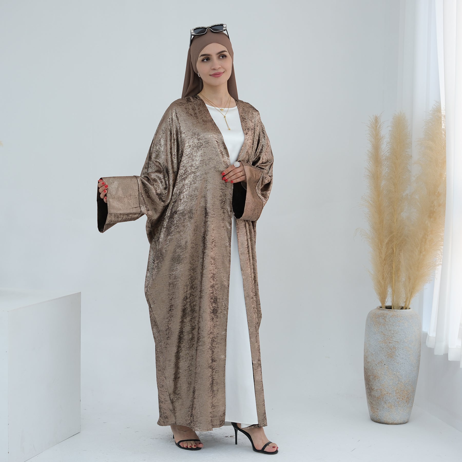 Draya Shimmer Kimono Open Abaya - Elegant Brown Islamic Robe for Women | Perfect for Prayer, Eid, and Special Occasions