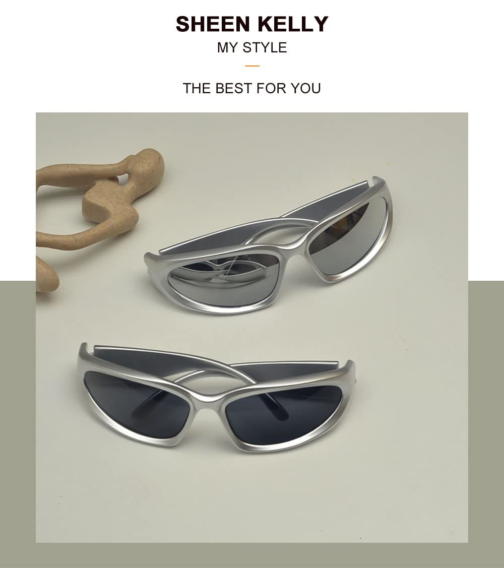 SHEEN KELLY Y2K Polarized Sports Sunglasses for Men - Black Silver Futuristic Fashion Sunglasses for Running, Driving & Outdoor Activities