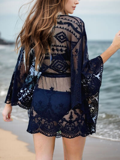 Elegant Lace V-Neck Three-Quarter Sleeve Cover Up - Women's Beachwear for Summer Vacation, Pool Party & Resort Wear