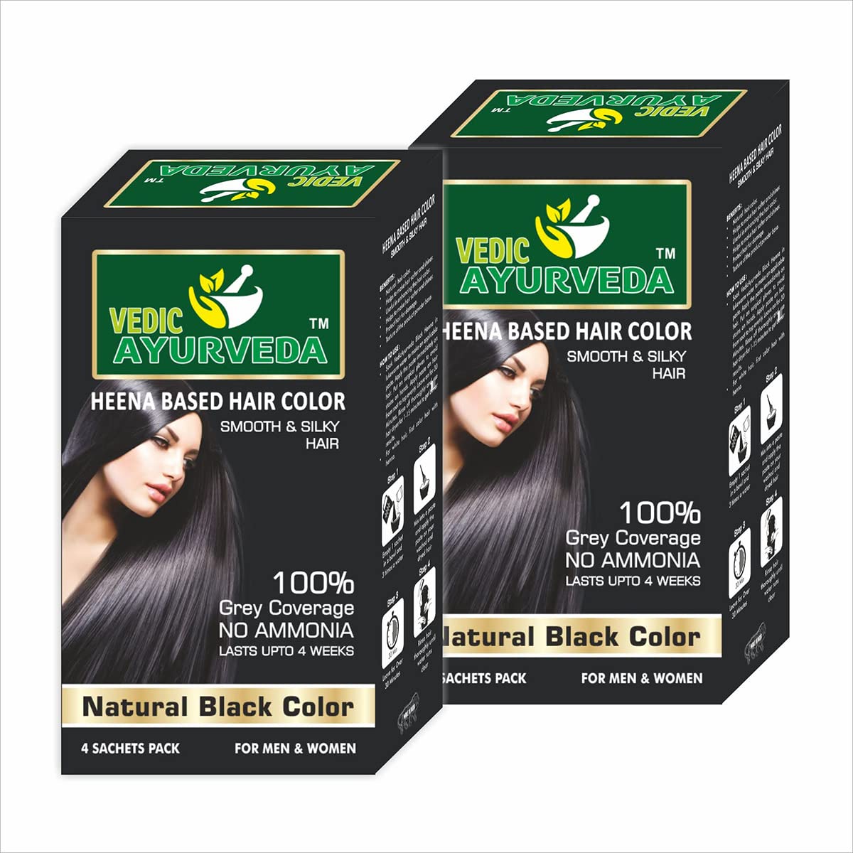 VedicAyurvedas Bio-Organic Natural Pure Henna Hair Color - 100% Gray Coverage, Ammonia-Free (Combo Pack) for Smooth & Silky Black Hair | Perfect for At-Home Hair Coloring, Natural Hair Care, and Chemical-Free Hair Treatment