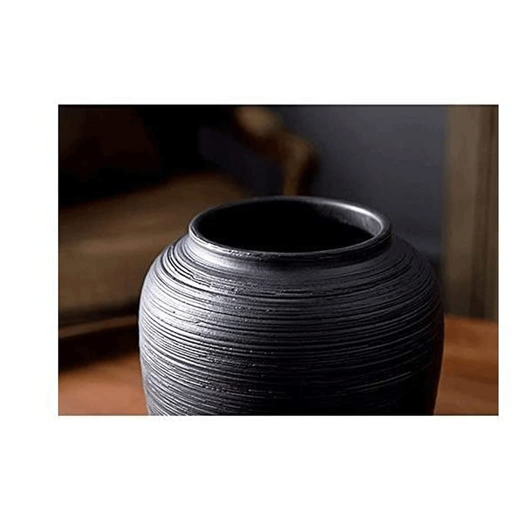 Modern Black Ceramic Vase with Geometric Pattern - Stone Beam Home Decor Flower Vase for Living Room, Dining Table, Office Desk & Wedding Centerpiece (15x32cm)