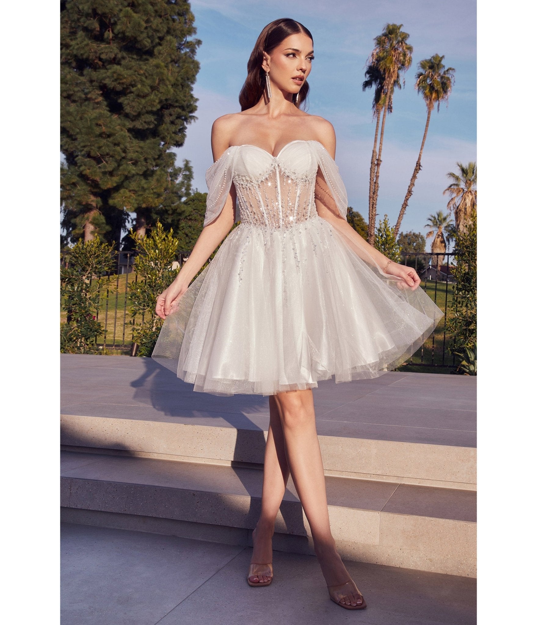 **Ladivine by Cinderella Divine Off-White Glitter Tulle Off-Shoulder Corset Mini Dress – Perfect for Prom, Party, and Special Occasions**