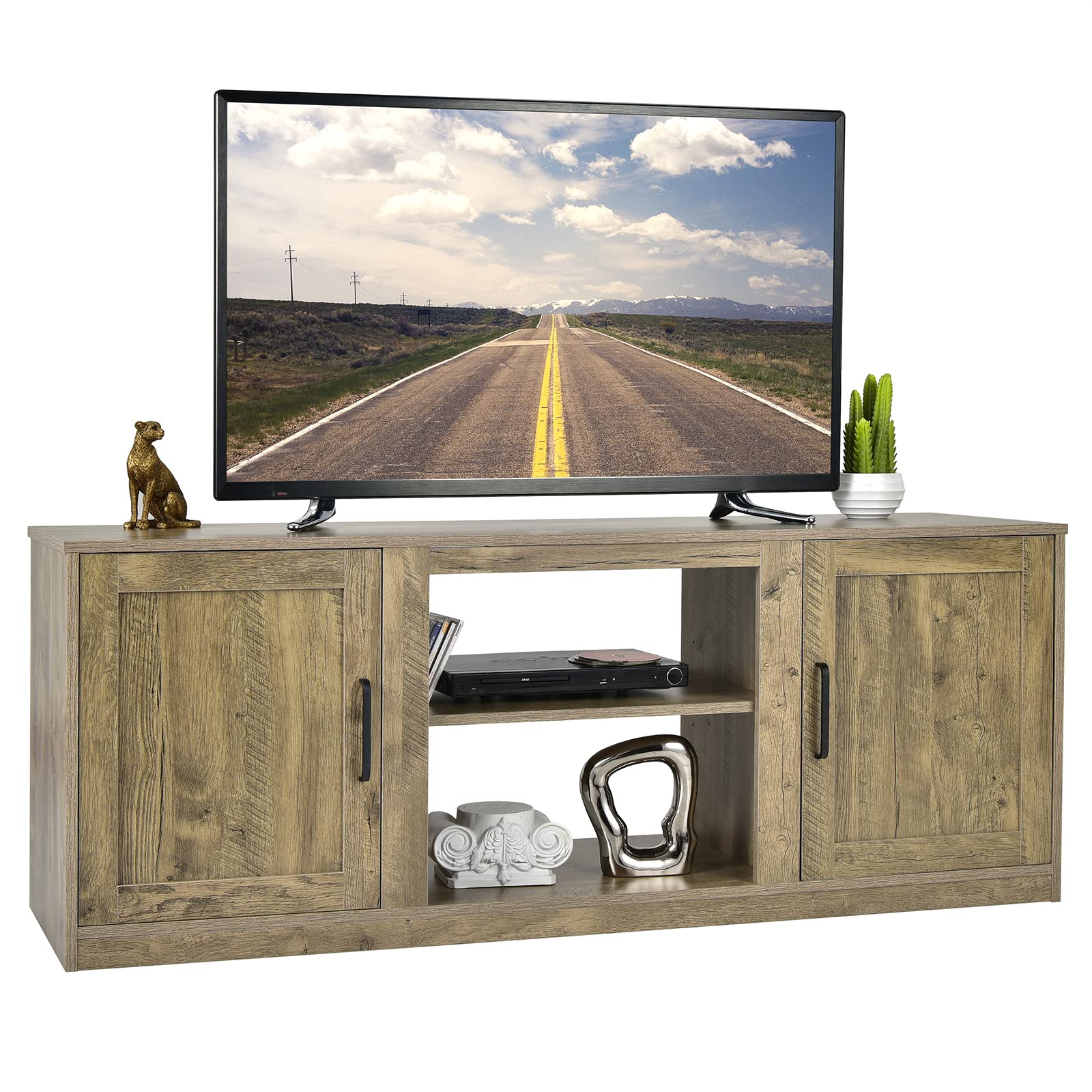 Tangkula 65 Inch Farmhouse TV Stand with Double Barn Doors - Rustic Wood Media Console with Storage Cabinets & Adjustable Shelves - Perfect for Living Room Home Theater Setup