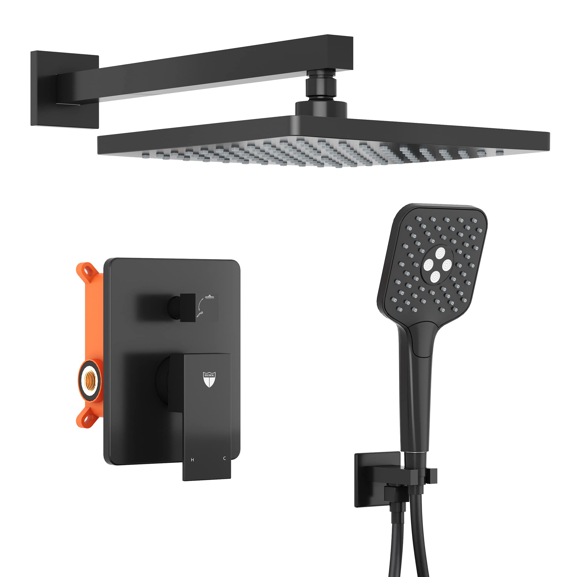 HIMK 10-Inch Matte Black Rain Shower Head with Handheld Combo - Wall Mounted Rainfall Shower System with Valve & Trim - Perfect for Modern Bathroom Renovation & Spa-Like Shower Experience