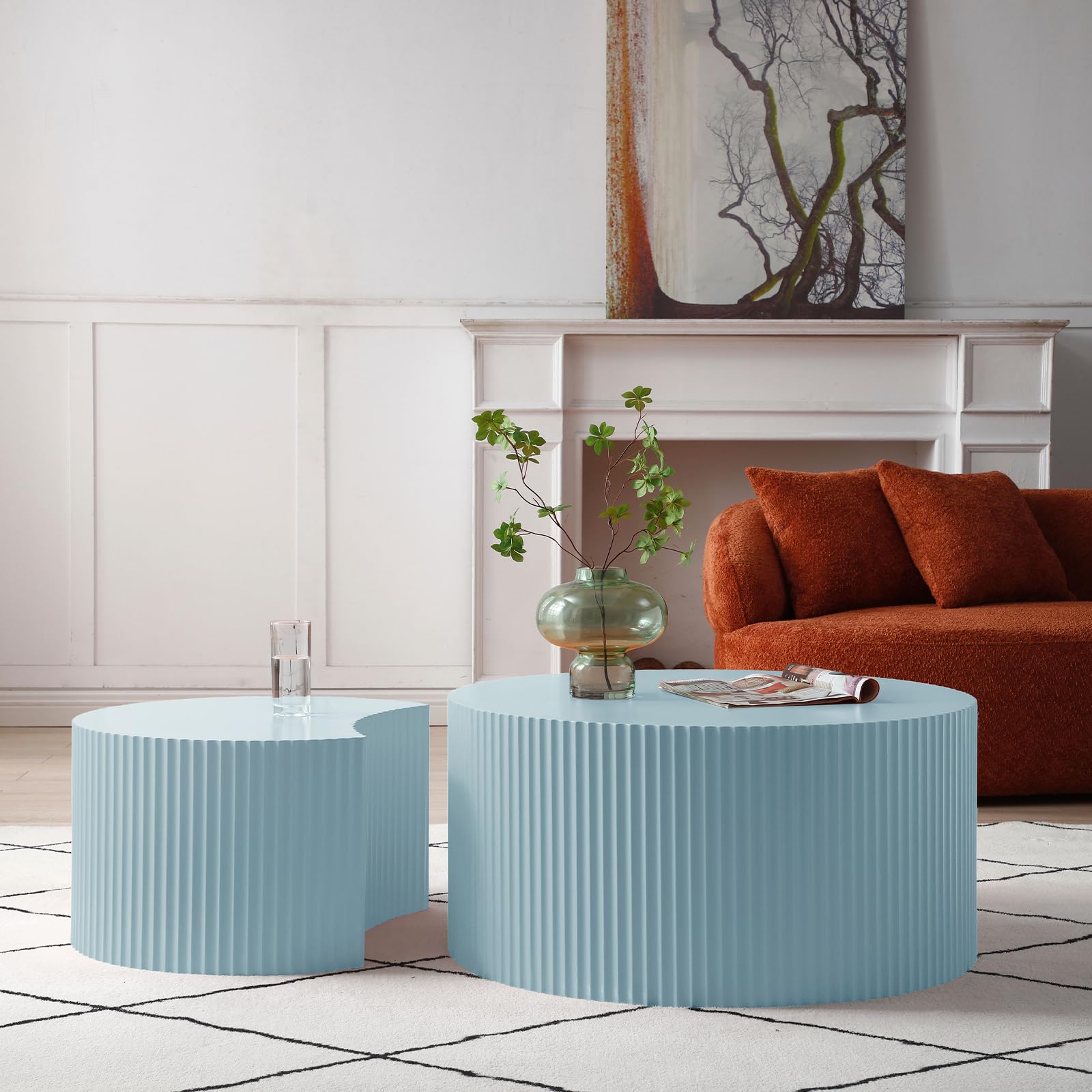Modern Round Nesting Coffee Table Set of 2 - Unique Wooden Design for Small Spaces, Living Room Furniture - Blue | Perfect for Apartments, Studios & Cozy Home Decor