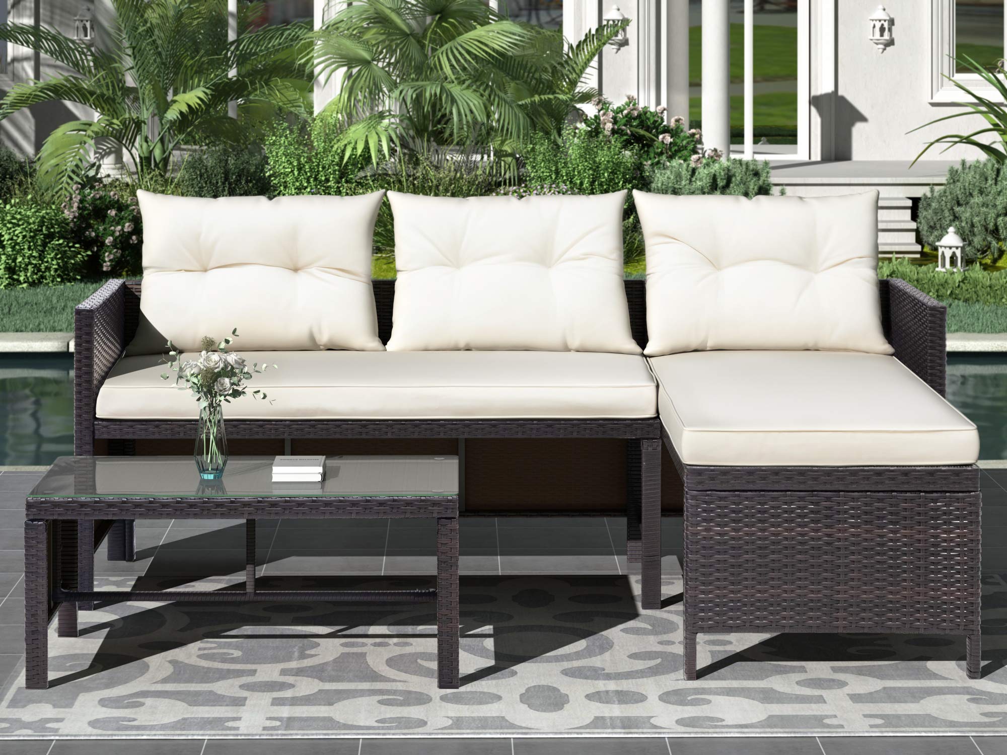 3-Piece Patio Furniture Set - PE Rattan Wicker Sofa with Washable Cushion Covers & Tempered Glass Table - Outdoor Garden Conversation Set for Backyard, Poolside, and Terrace Relaxation