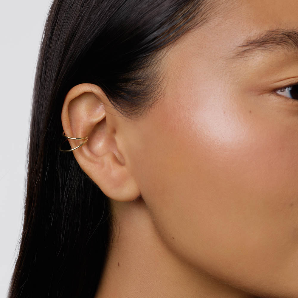 10k Gold Double Band Single Ear Cuff - Elegant Cartilage Earring for Women - Perfect for Parties, Weddings & Everyday Wear