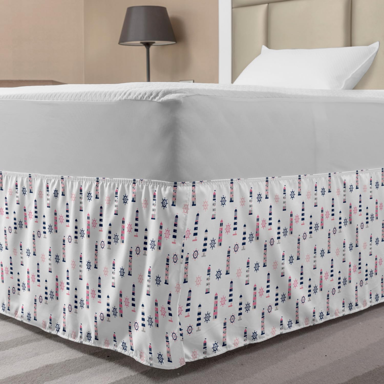 Ambesonne Nautical Bed Skirt - Sea Coast Theme with Steering Wheel & Lighthouse Design, Elastic Wrap Around Dust Ruffle for Full Size Beds, Pastel Pink Pearl Indigo | Perfect for Beach House Decor & Coastal Bedroom Styling