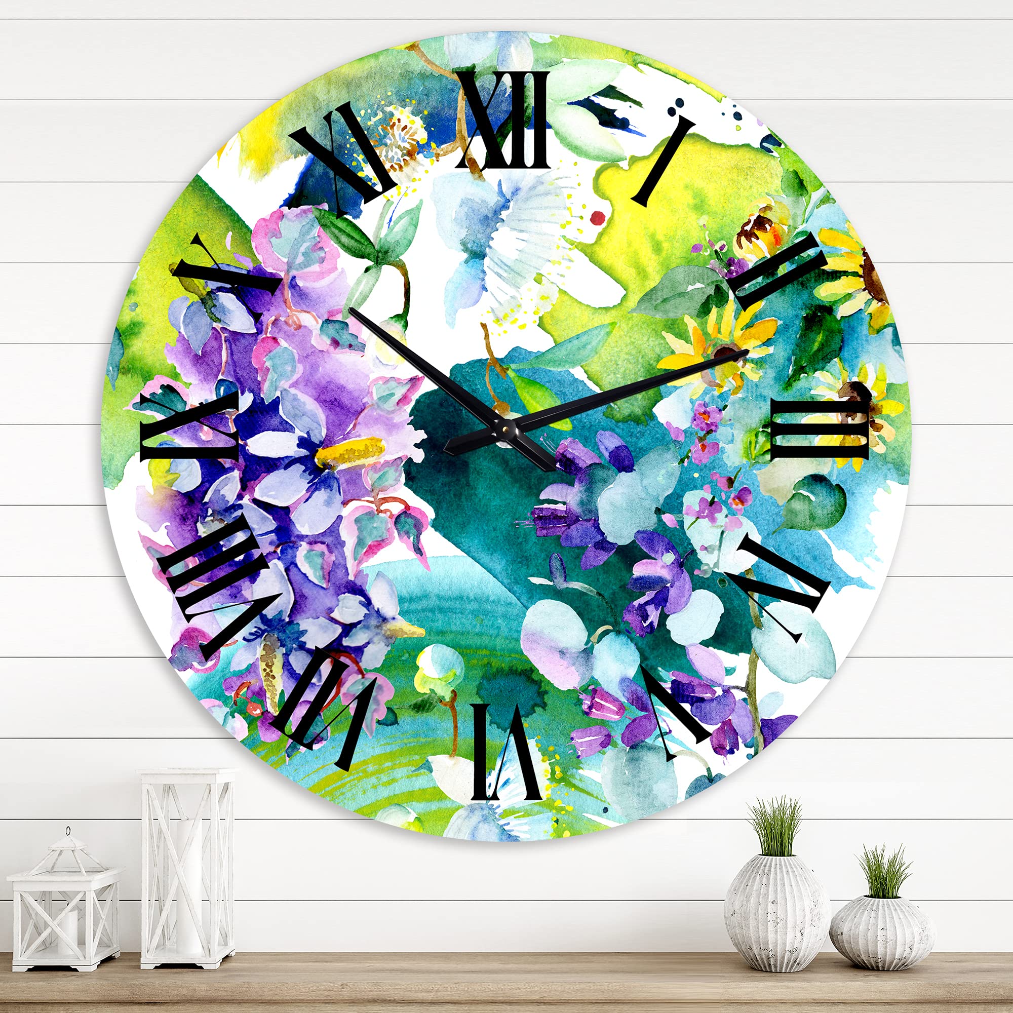 Farmhouse Wall Clock with Bouquet of Wildflowers & Sunflowers - Large Floral Botanical Wall Decor for Kitchen, Living Room, Bedroom & Office | Perfect for Home, Farmhouse & Rustic Interior Design