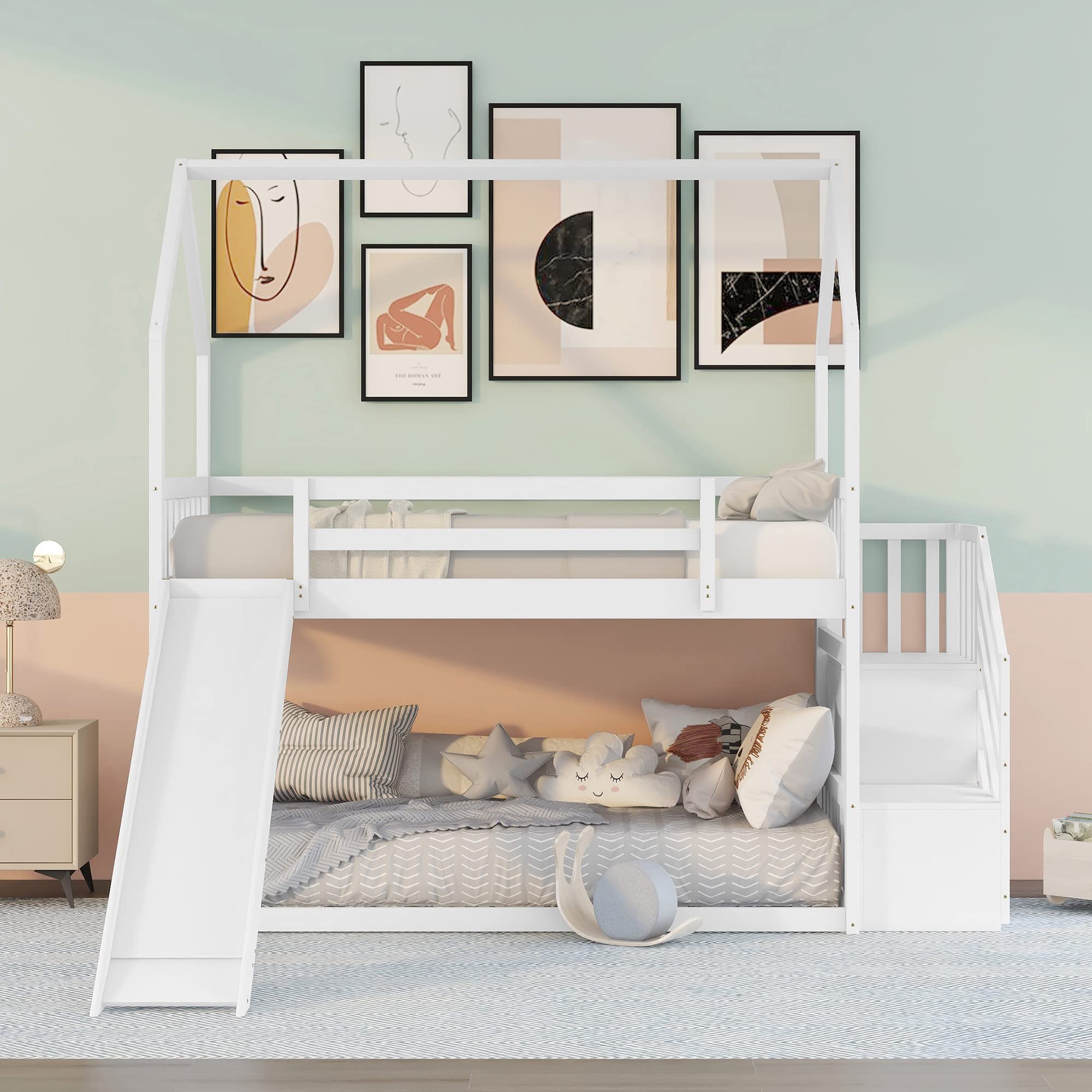 Convertible Twin Over Twin Wooden Bunk Bed with Slide & Storage Staircase - Left/Right Configurable Kids Bunk Bed for Boys & Girls - Perfect for Shared Bedrooms, Sleepovers & Space-Saving Kids' Rooms (White)