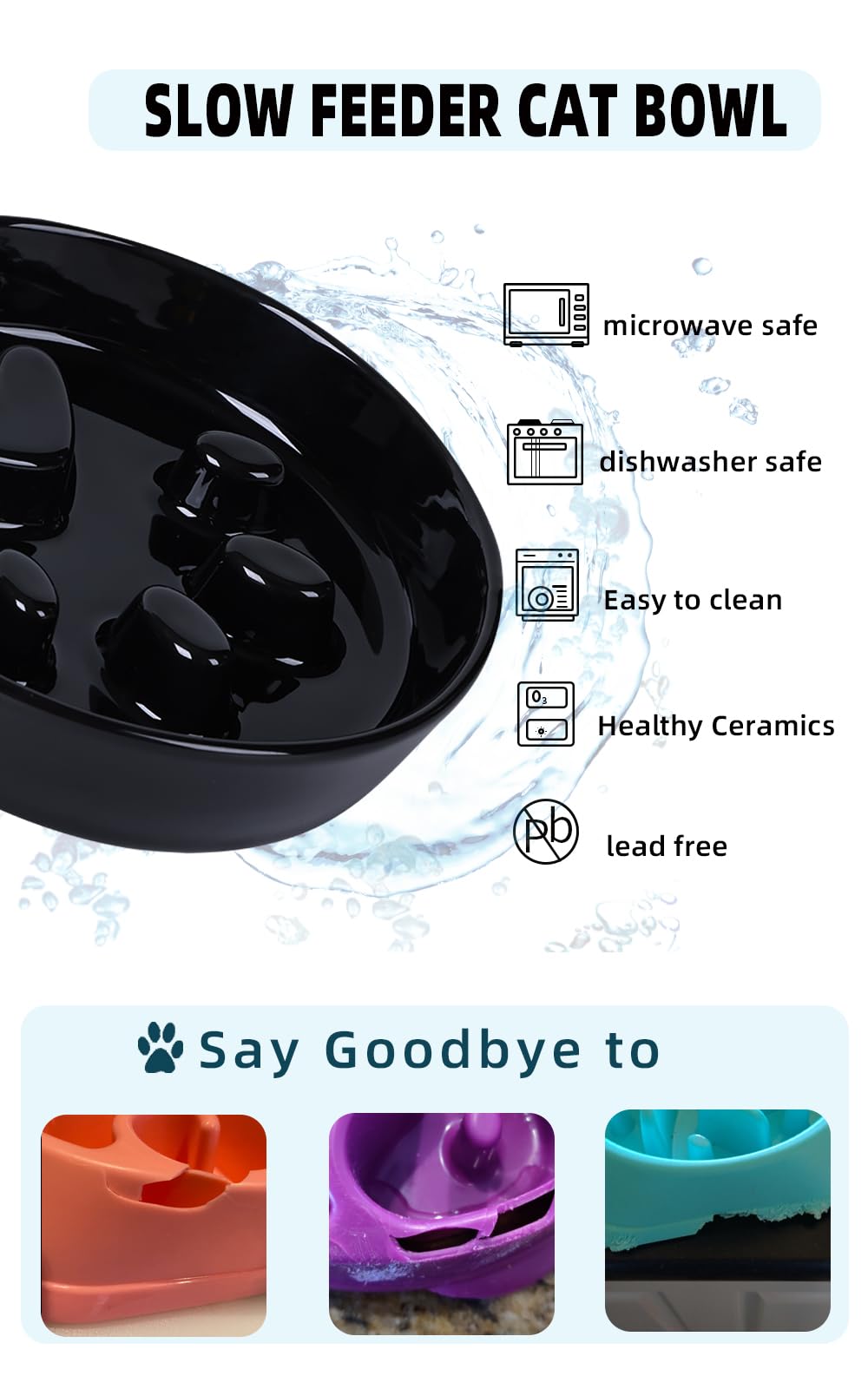 Ceramic Slow Feeder Cat Bowl - Fun & Interactive Pet Food Dish for Fast Eaters (Black) - Perfect for Portion Control & Mental Stimulation During Mealtime