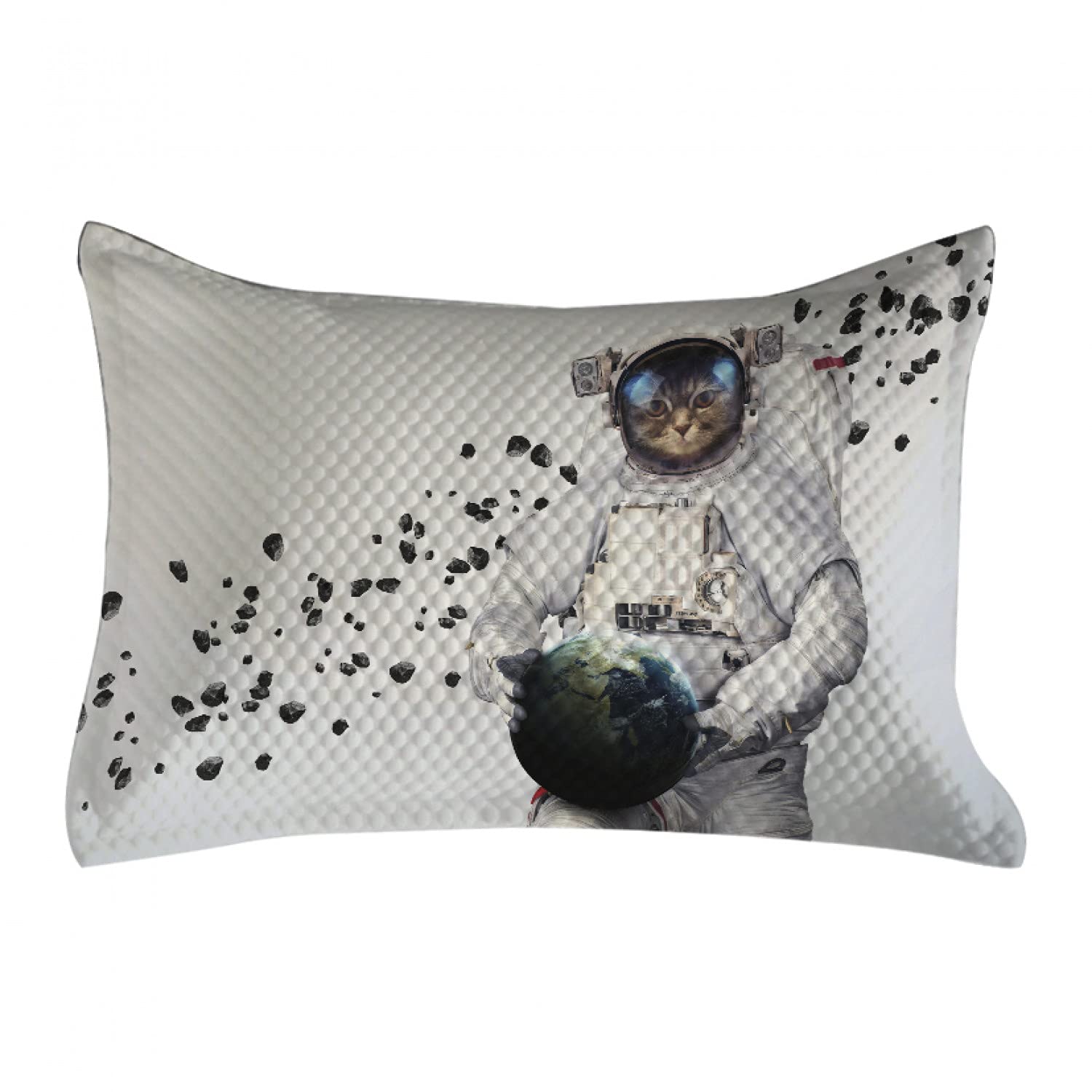 Ambesonne Space Cat Quilted Pillow Cover - Astronaut Kitten in Space Suit Holding Planet with Galaxy Design, Standard King Size Decorative Pillow Case (36x20 Inches) - White Black & Blue - Perfect for Bedroom Decor, Living Room Accent & Space Theme Gifts