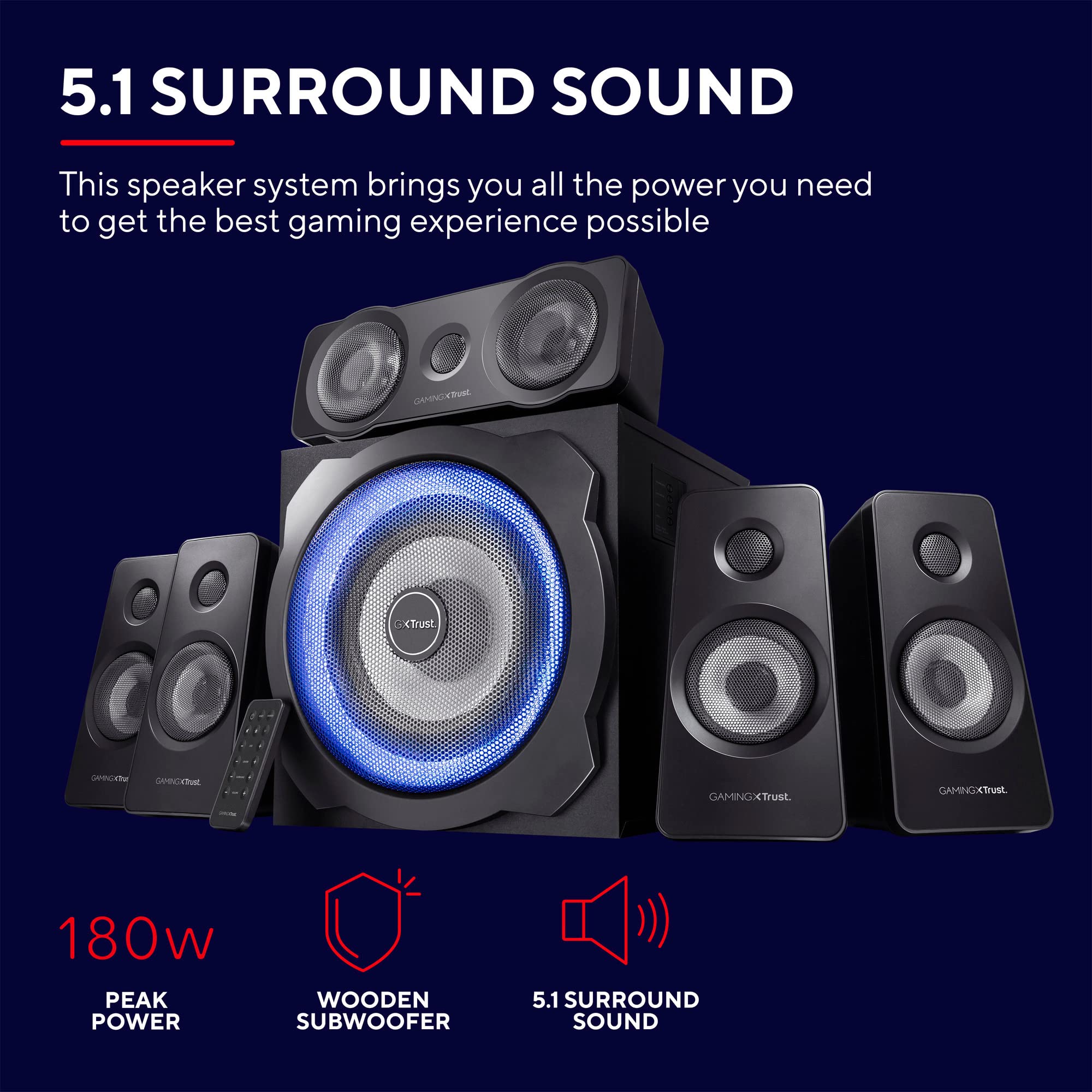 Trust Gaming GXT 658 Tytan 5.1 Surround Sound PC Speaker System with Subwoofer & LED Lighting - 180W (90W RMS) Black - Perfect for Gaming, Movies, Music on PC, Laptop, Console & TV