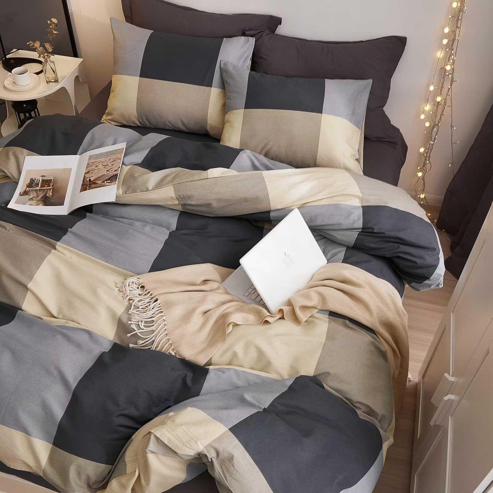 VClife Queen Size Cotton Duvet Cover Set - 3 Piece Modern Geometric Printed Bedding in Beige, Black & Grey | All Season Breathable Duvet Cover with Zipper Closure & Corner Ties | Easy Care for Bedroom, Guest Room & Dorm Decor