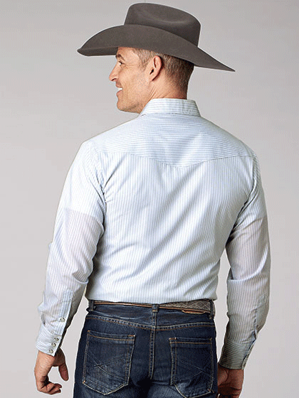 Roper Men's Long Sleeve Western Stripe Shirt - Light Blue Plaid Cowboy Shirt for Ranch Work, Rodeo & Casual Wear (Style 01 001 0144 0445)