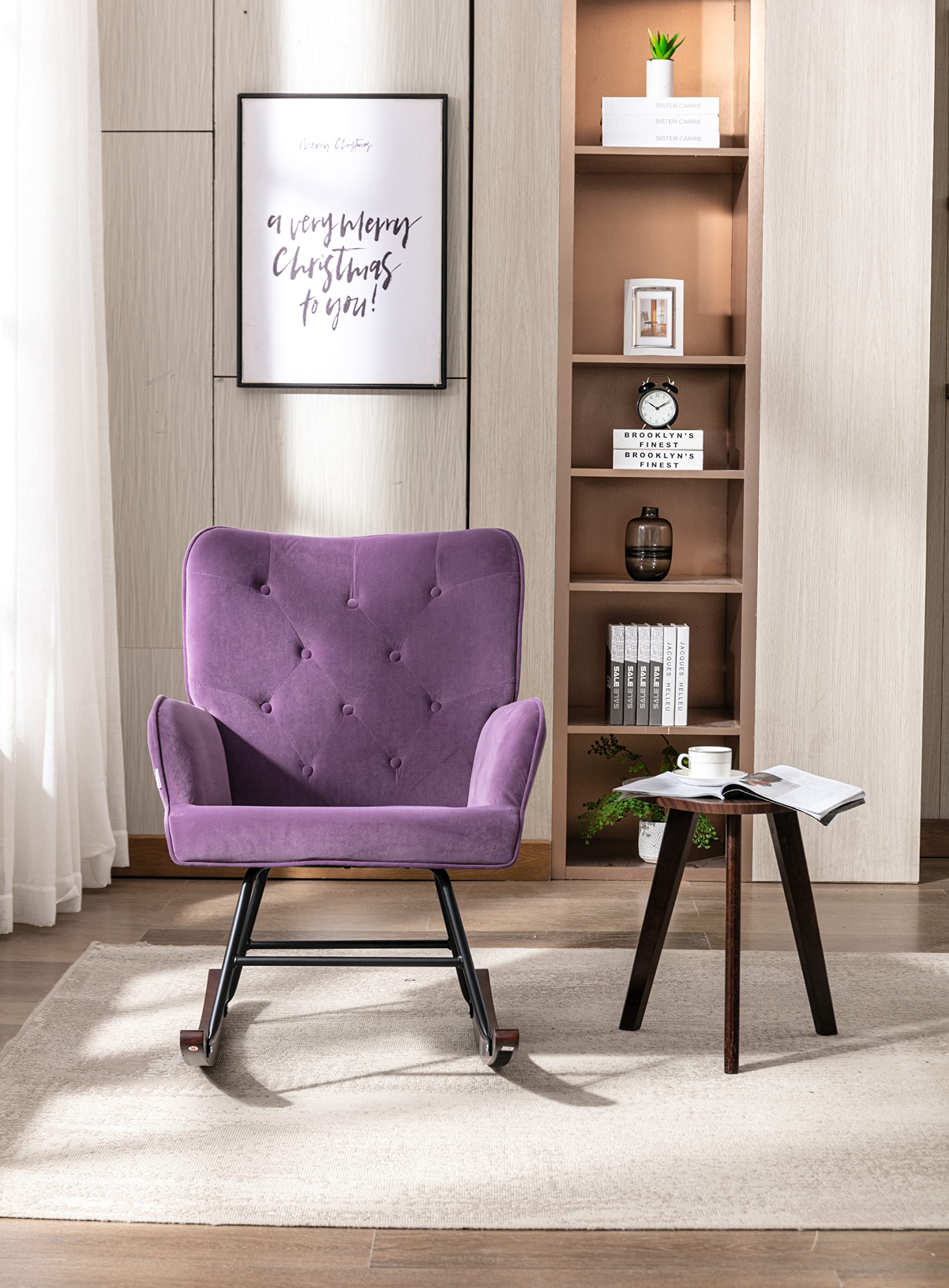 Ergonomic High Back Rocking Chair with Cozy Armrests - Comfortable Living Room Recliner for Relaxation & Reading - Purple Modern Accent Chair for Nursery, Porch or Bedroom
