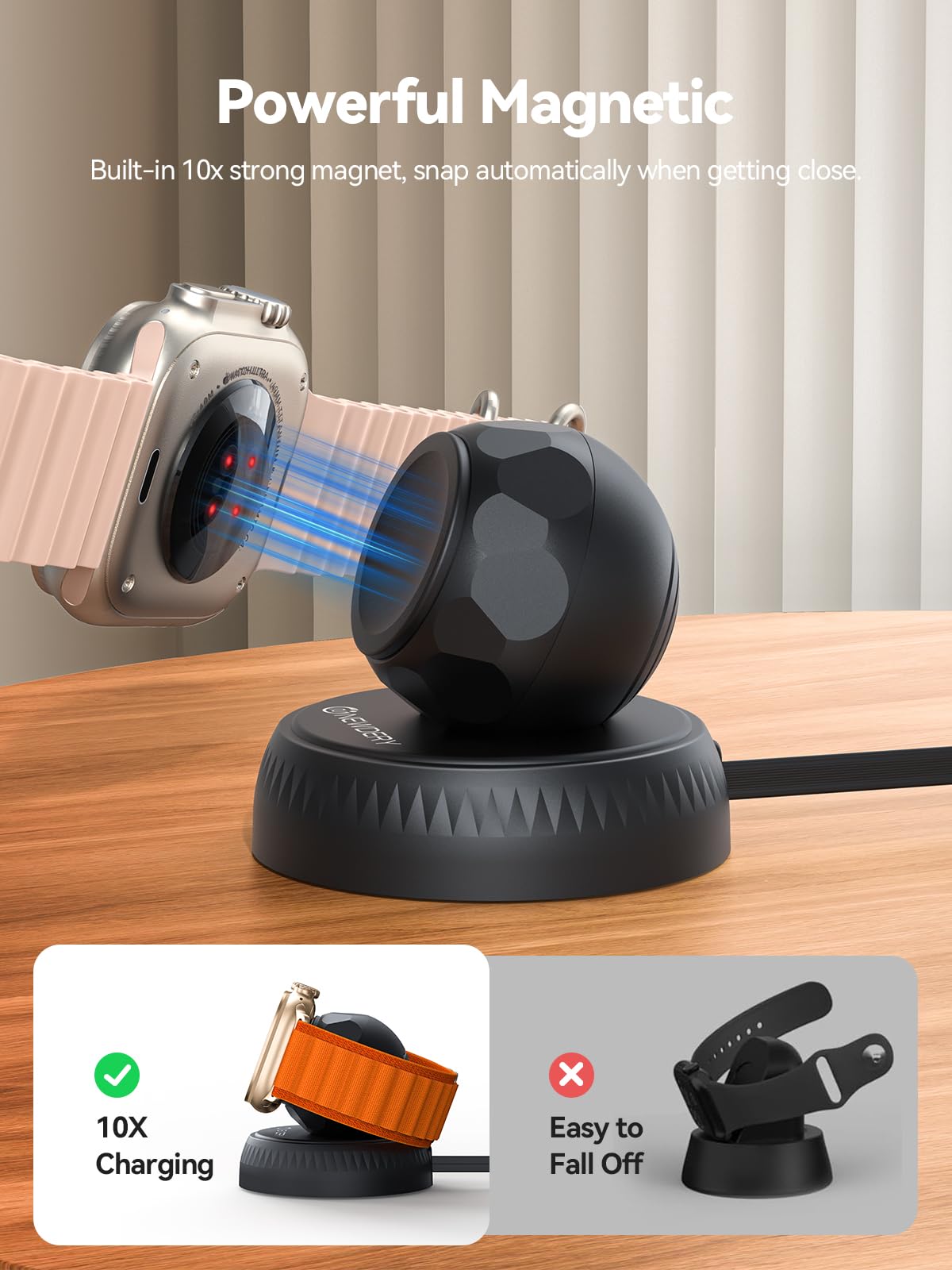 NEWDERY Retractable Apple Watch Charger Stand - Portable Fast Wireless Magnetic Charging Dock with USB-C Cable for iWatch Ultra/Series 10/SE/9/8/7/6/5/4/3/2/1 - Perfect for Travel, Office & Nightstand Charging (Black)