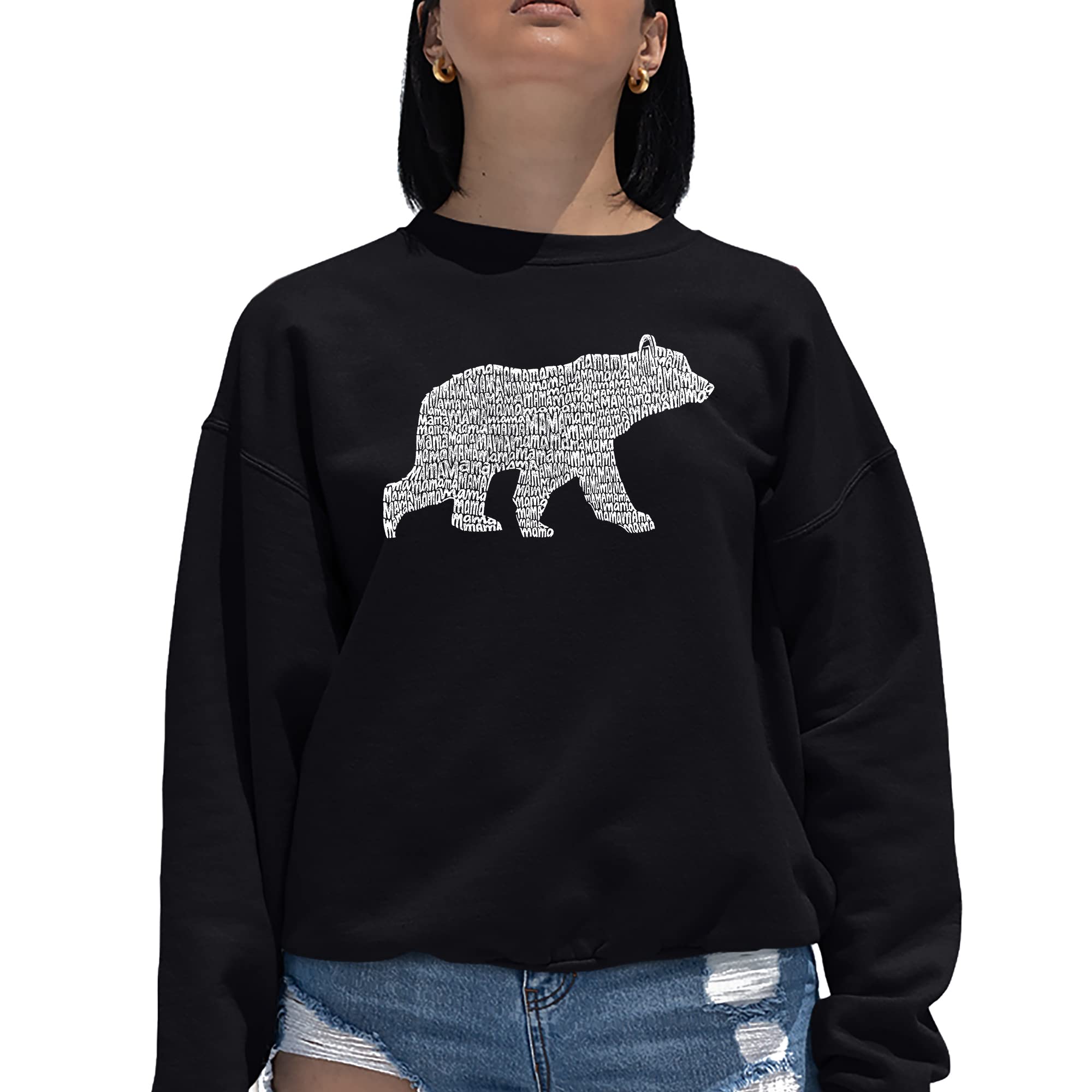 LA POP ART Women's Word Art Crewneck Sweatshirt - Mama Bear Graphic Pullover | Comfortable Casual Sweater for Moms | Perfect for Mother's Day Gifts, Family Outings & Cozy Lounge Wear