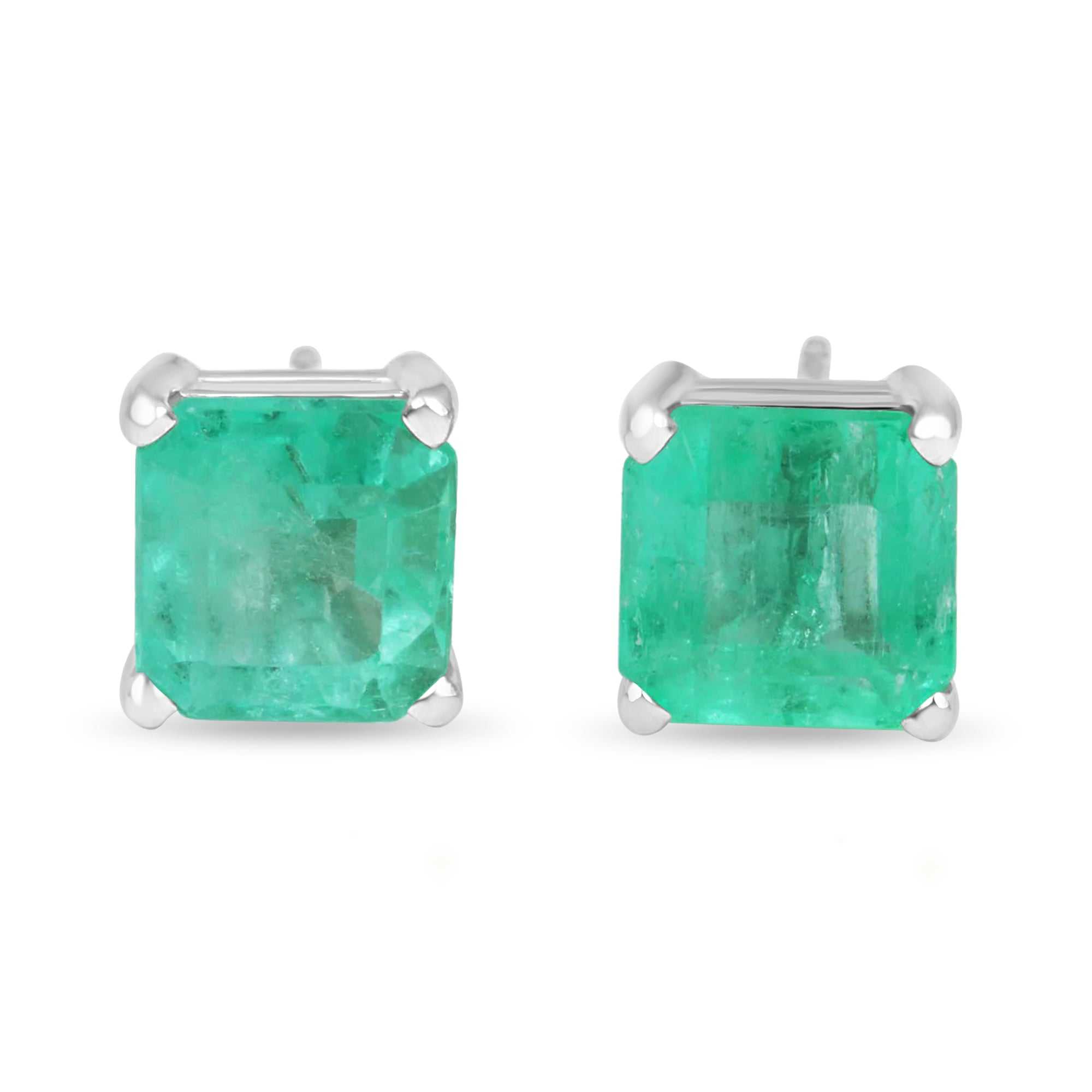 3.50tcw Square Colombian Emerald Solitaire Stud Earrings in 14K White Gold - Perfect for Weddings, Anniversaries & Special Occasions