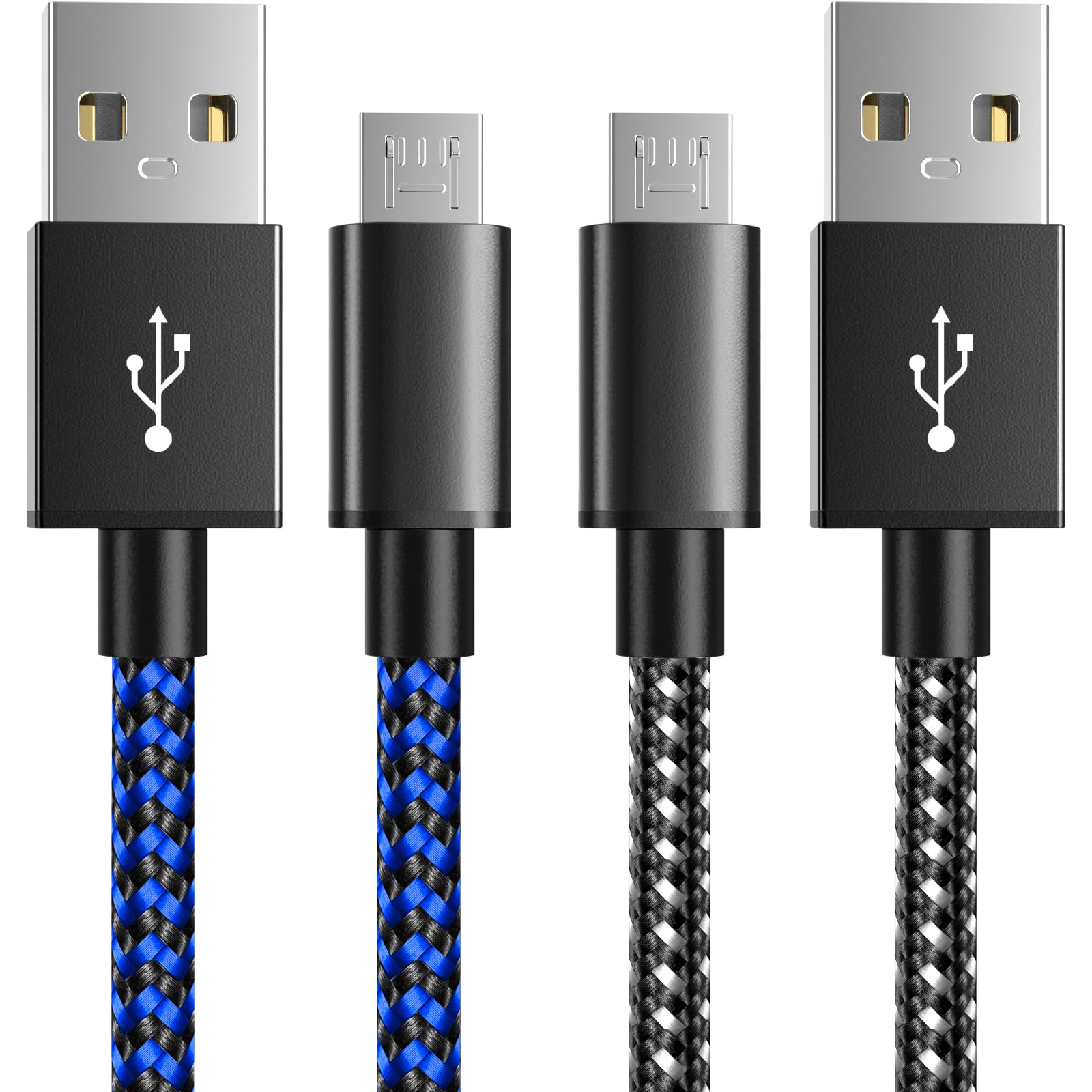 6amLifestyle PS4 Controller Charger - 2 Pack 10ft Extra Long Micro USB 2.0 Cable with Nylon Braided Cord - Compatible with PS4, PS4 Slim/Pro, Xbox One S/X Controllers & Android Phones (Black+Blue) - Perfect for Gaming Sessions & Device Charging