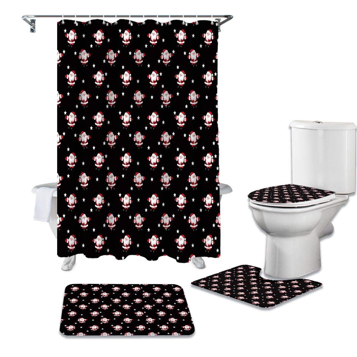 EZON-CH Christmas Santa Claus Bath Rug Set - 4 Piece Non-Slip Bathroom Mat with Shower Curtain, Toilet Cover & Lid - Funny Holiday Bath Carpet Decor for Festive Bathroom Decorations | Perfect for Christmas Home Decor & Gift Giving