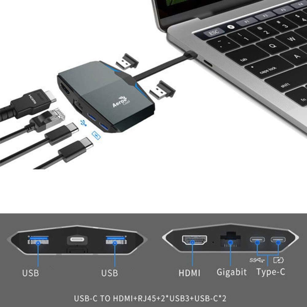 AeroCool ASA ATHB82A USB C Hub with HDMI, Ethernet, and 4K USB-C Adapter - Perfect for MacBook Pro, Chromebook, and Laptop Connectivity at Home & Office