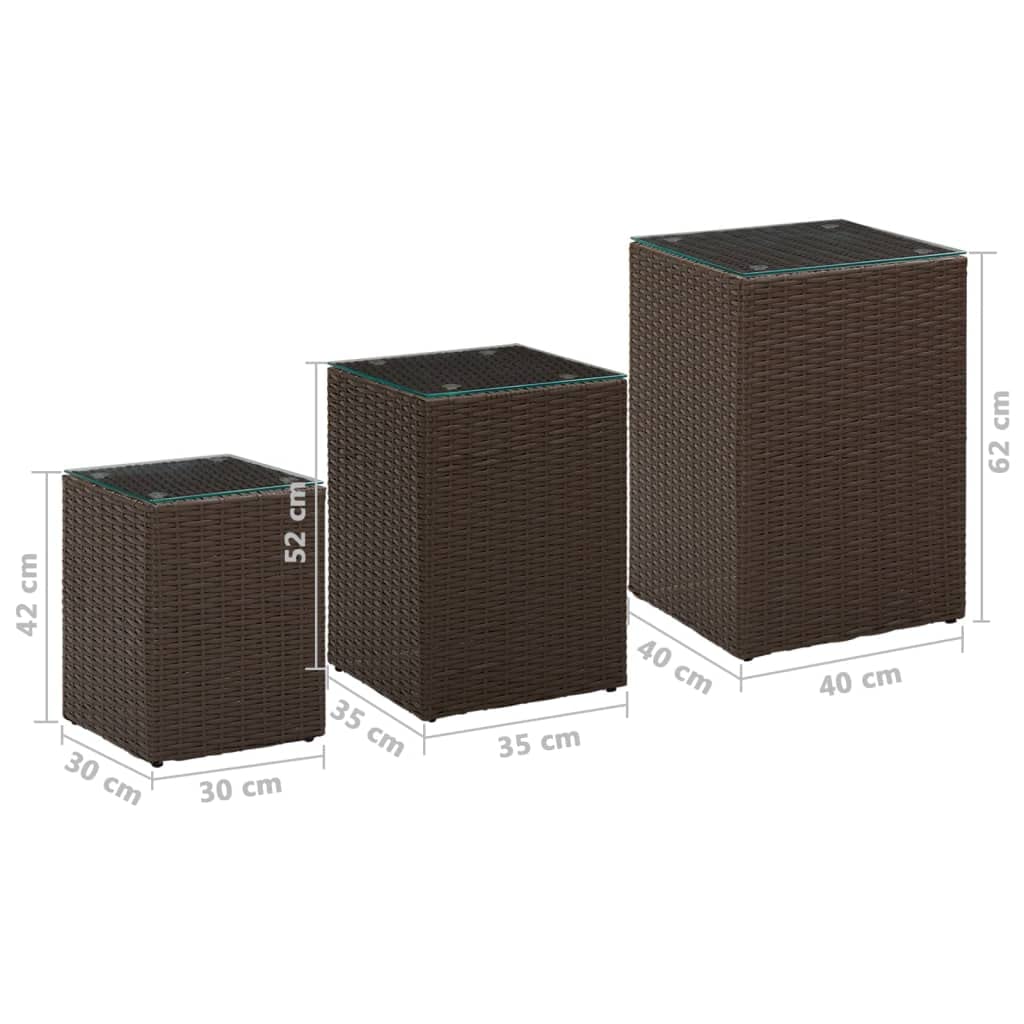 3-Piece Brown Poly Rattan Side Tables with Glass Top - Console Table, Coffee Table, End Table - Perfect for Living Room, Study, Bedroom & Hallway Decor