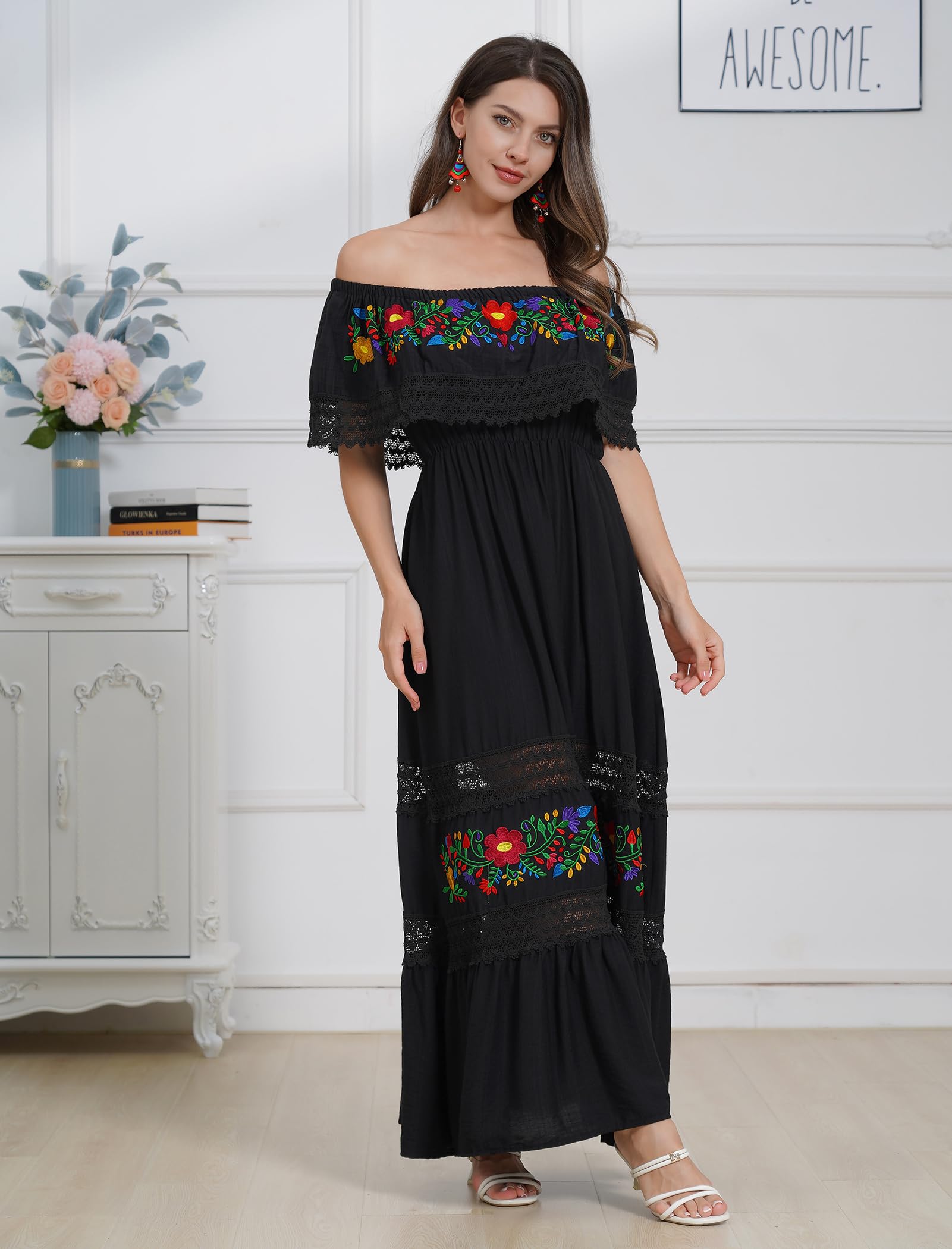 Mexican Floral Embroidered Off-Shoulder Long Maxi Dress for Women - Summer Boho Beach Dress, Casual Party Wear & Vacation Outfit