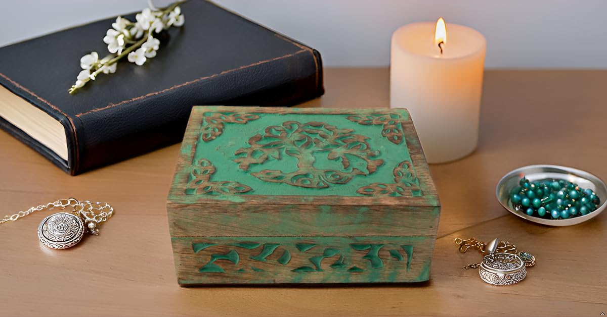 Handmade Wooden Jewelry Box with Tree of Life Carving - Decorative Jewelry Organizer, Keepsake Box, Watch Storage & Trinket Holder - Perfect for Birthday, Housewarming Gifts & Home Décor (Green)