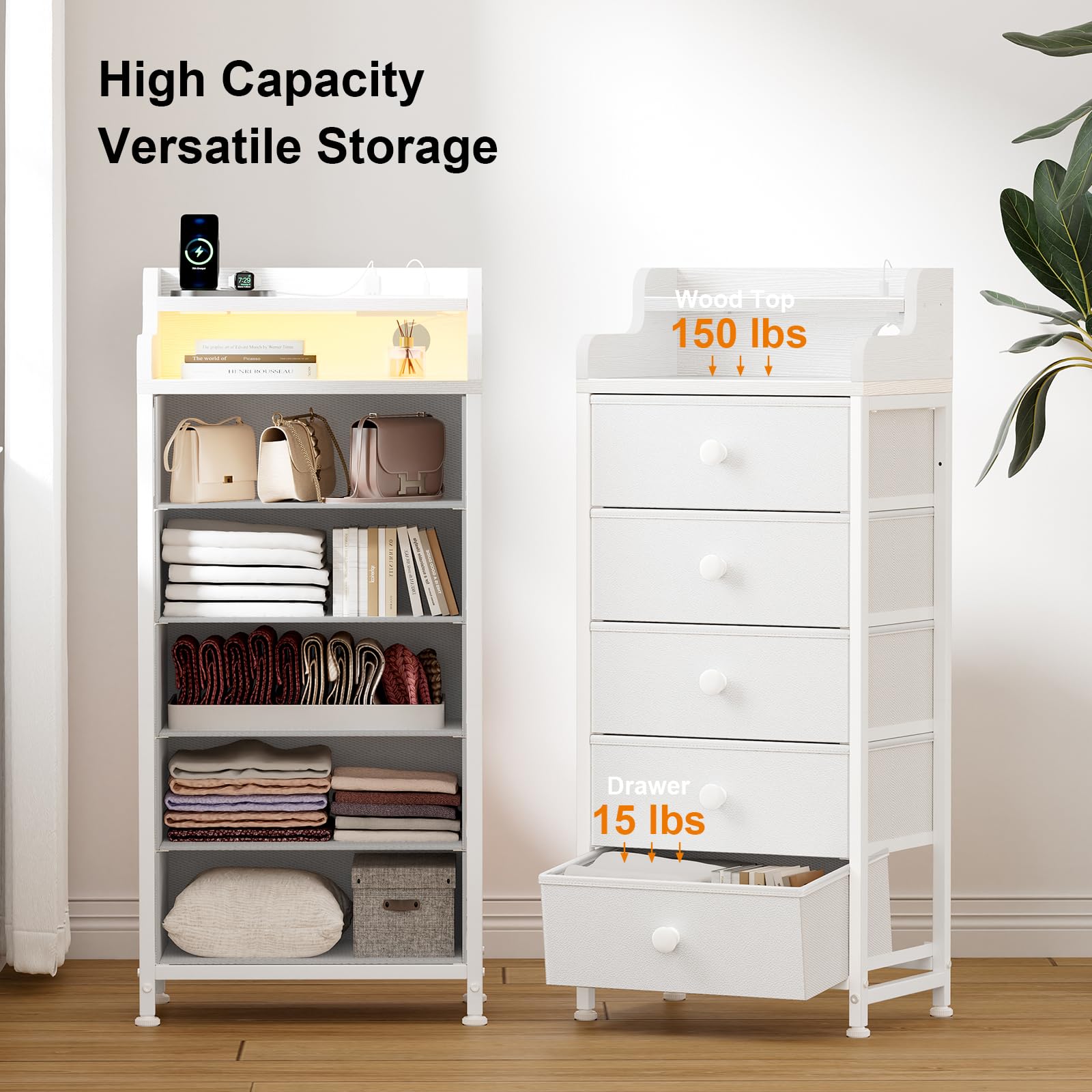 REAHOME 5-Drawer Dresser with Charging Station & LED Lights - White Wooden Chest of Drawers with Shelves, Sturdy Steel Frame & Leather Top - Perfect for Bedroom, Nursery, or Dorm Organization & Storage