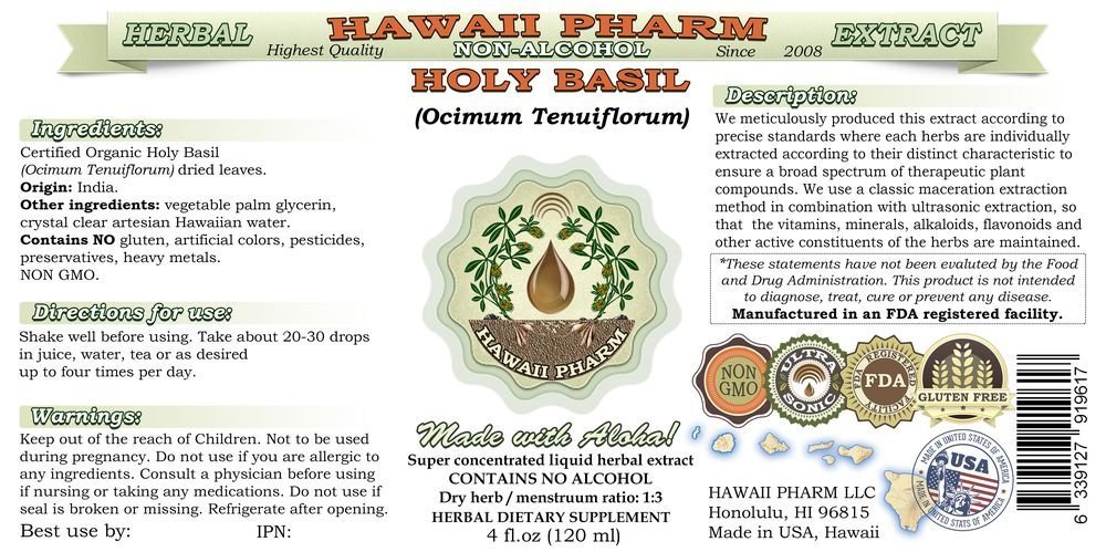 Organic Holy Basil (Ocimum tenuiflorum) Alcohol-Free Liquid Extract - Natural Herbal Supplement by Hawaii Pharm - 64 oz Glycerite for Stress Relief, Immune Support & Relaxation - Perfect for Tea, Smoothies & Daily Wellness Routine