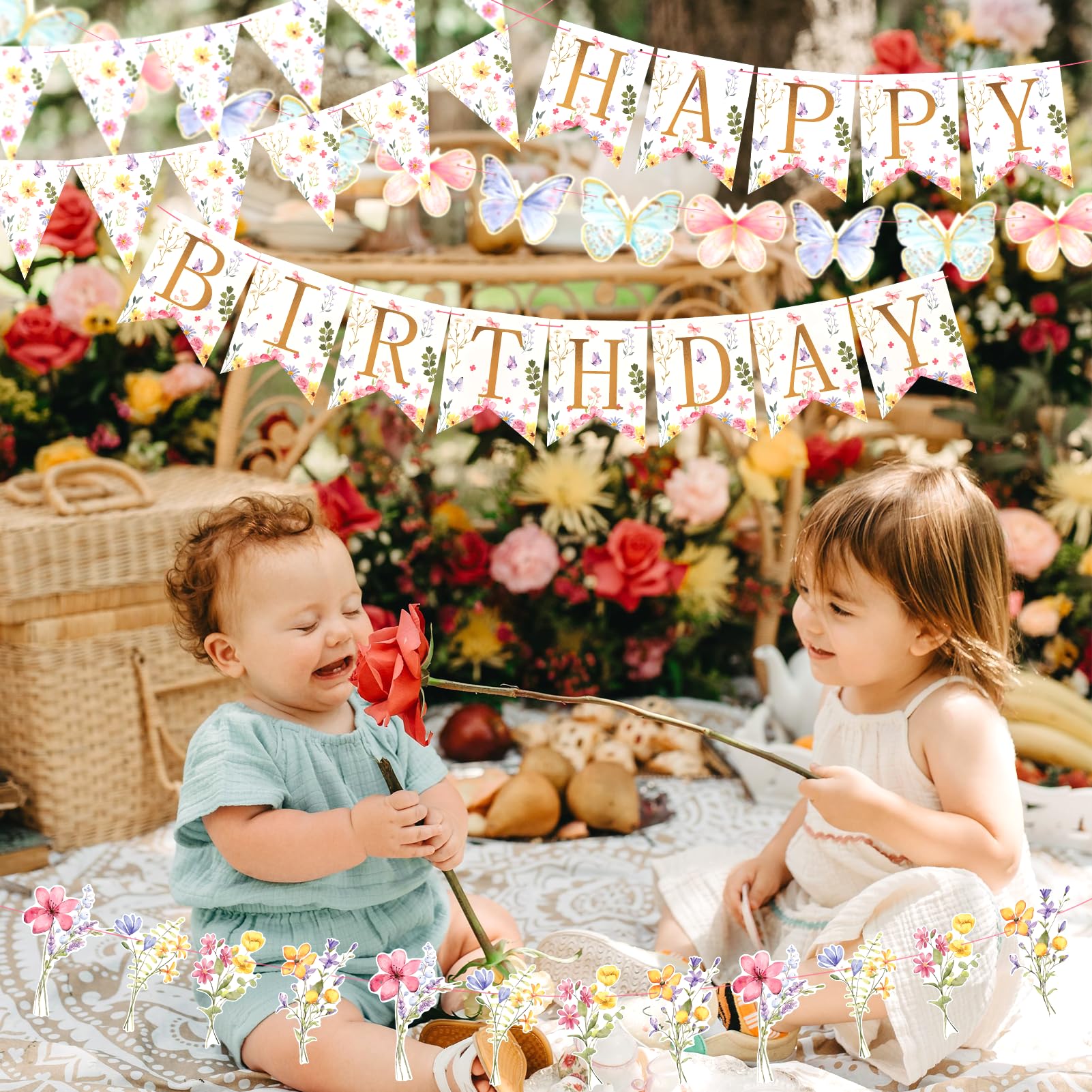 Floral Birthday Decorations - Elegant Flower Bouquet Garland & Party Banners for Girls & Women | Perfect for Birthday Parties, Baby Showers & Bridal Showers