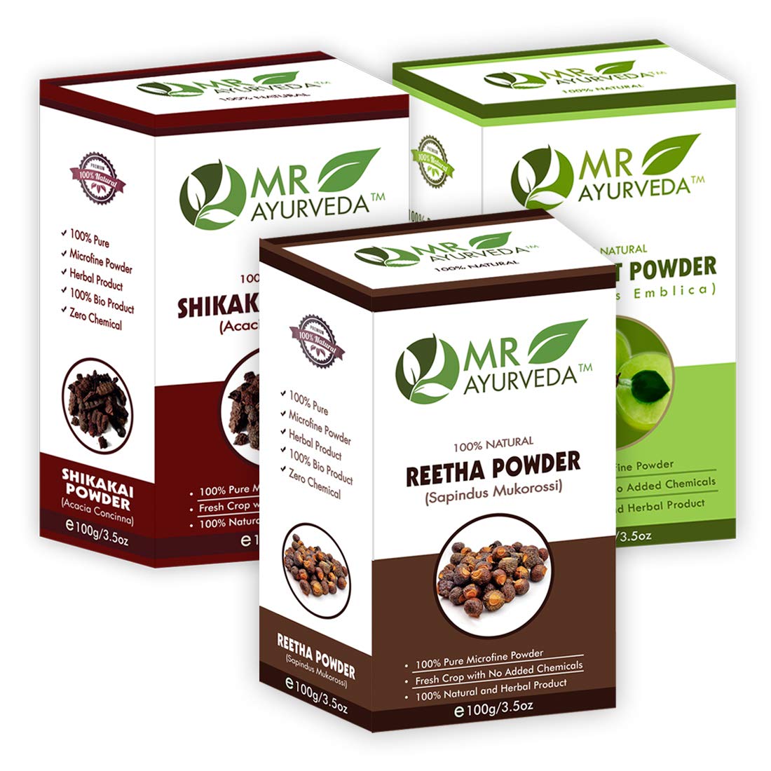MR Ayurveda 100% Organic Amla Powder, Reetha Powder & Shikakai Powder for Hair Growth & Scalp Care - Herbal Hair Treatment Set of 3 (100g Each) | Natural Ayurvedic Hair Wash & Conditioning for Stronger, Healthier Hair