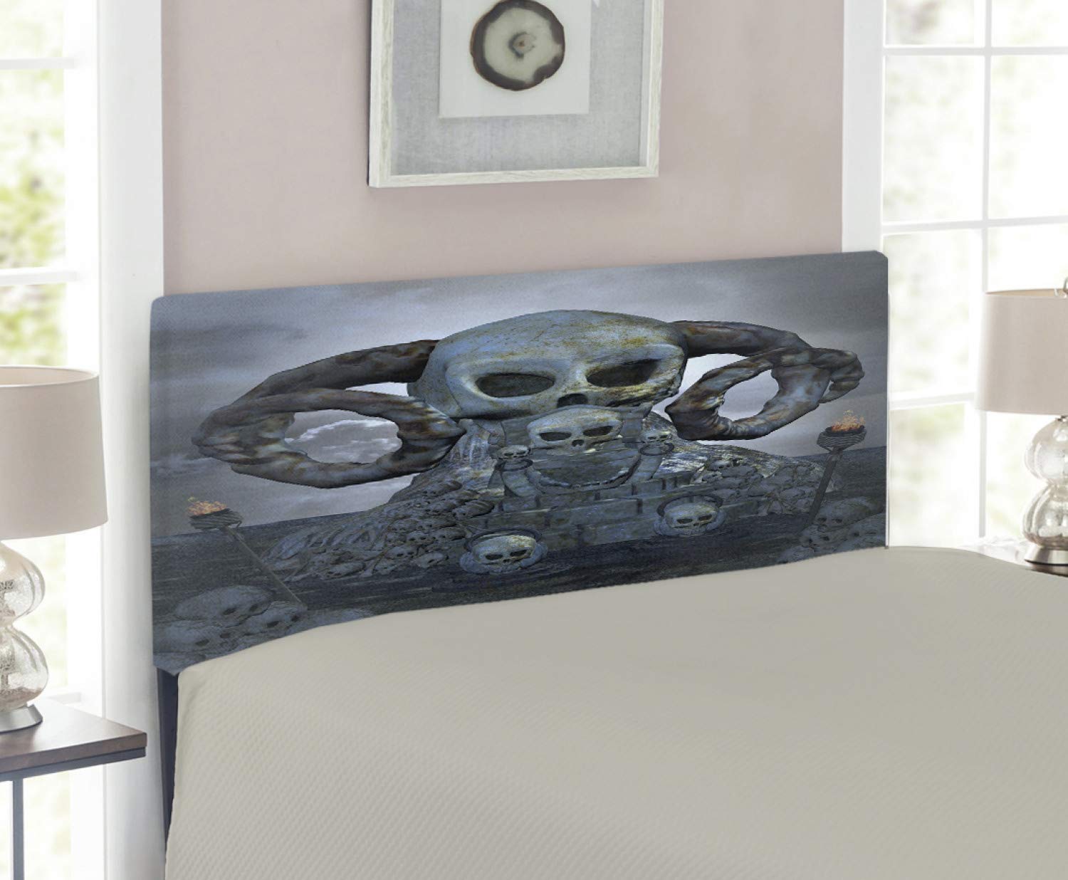 Ambesonne Skull Headboard - Gothic Upholstered Metal Bed Frame with Memory Foam, Twin Size in Blue-Grey | Spooky Halloween Decor, Horror Theme Bedroom Furniture for Gothic Home & Dorm Room