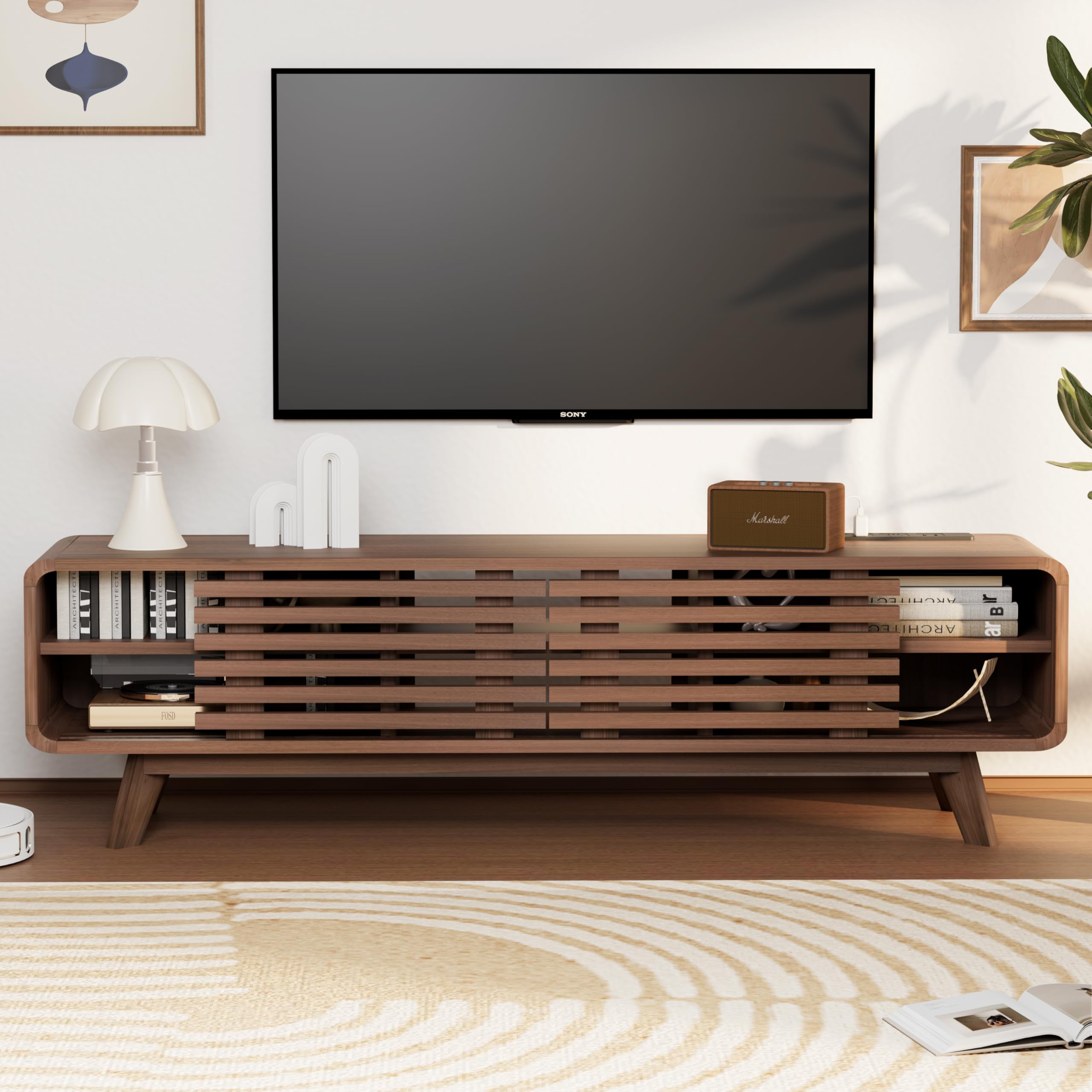 Modern TV Stand for Living Room - Large Entertainment Center with Slatted Sliding Doors, Open Shelves & Built-in Power Outlet - Rustic Reddish Brown Media Console Cabinet - Perfect for Home Theater Setup & Living Room Organization