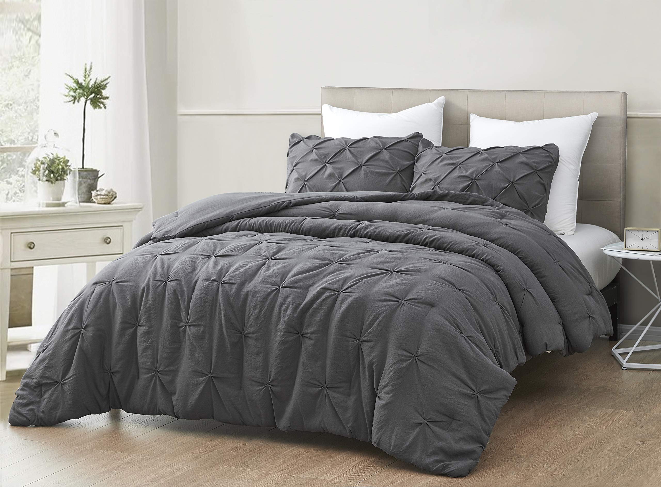 Premium Soft Cotton Comforter Set - All-Season Goose Down Alternative Pinch Pleat Duvet Insert - 500 GSM Fill Power - Ultra Soft 3-Piece Bedding Set (Twin/Twin XL, Dark Grey) - Perfect for Cozy Bedrooms, Guest Rooms & Dorm Comfort
