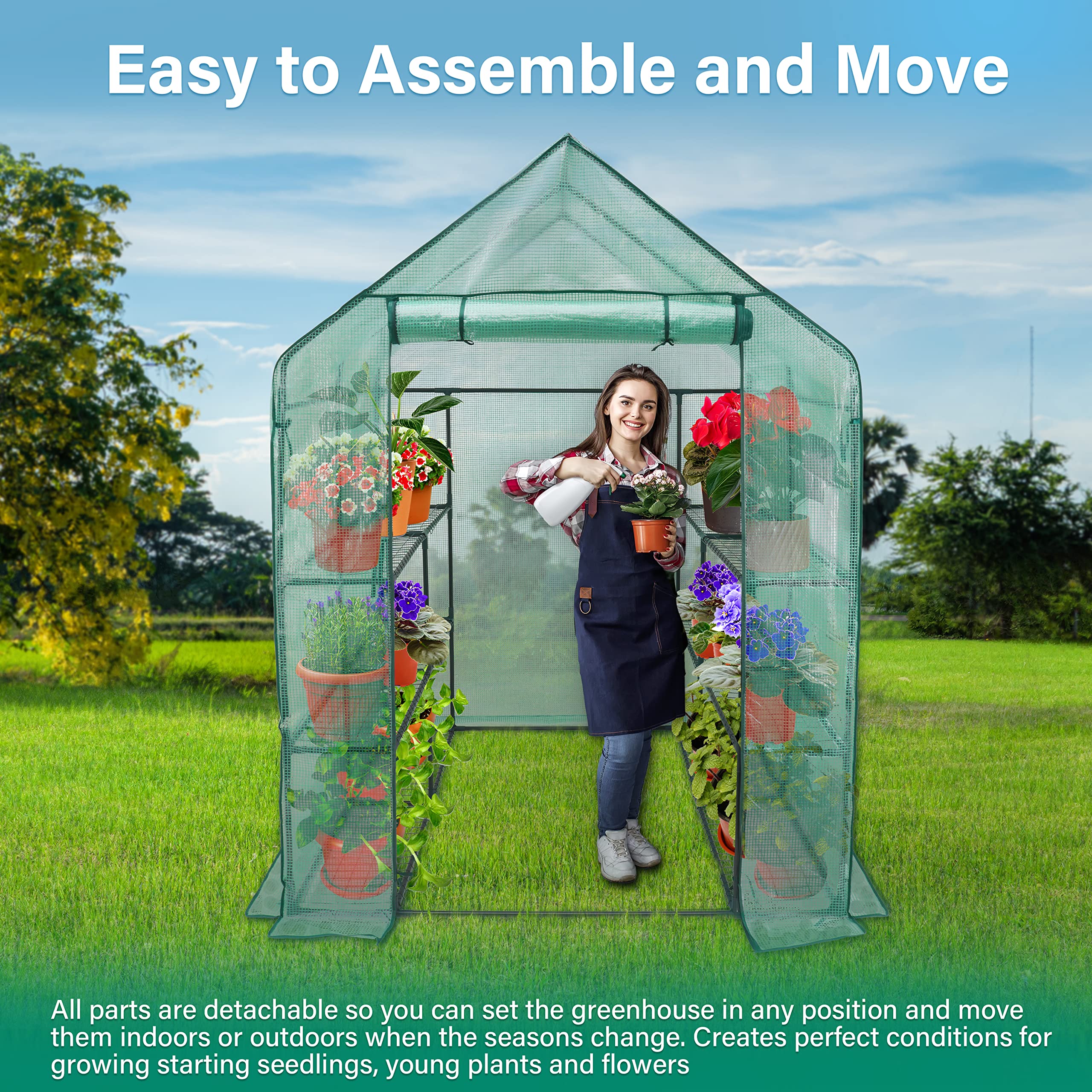 iPower 4.7x4.8x6.4 FT Walk-in Greenhouse Kit for Outdoor Gardening - Durable PE Cover with Observation Windows, 3-Tier 12-Shelves Portable Plant House for Vegetables, Flowers & Seedlings - Perfect for Backyard, Patio & Small Farm Use