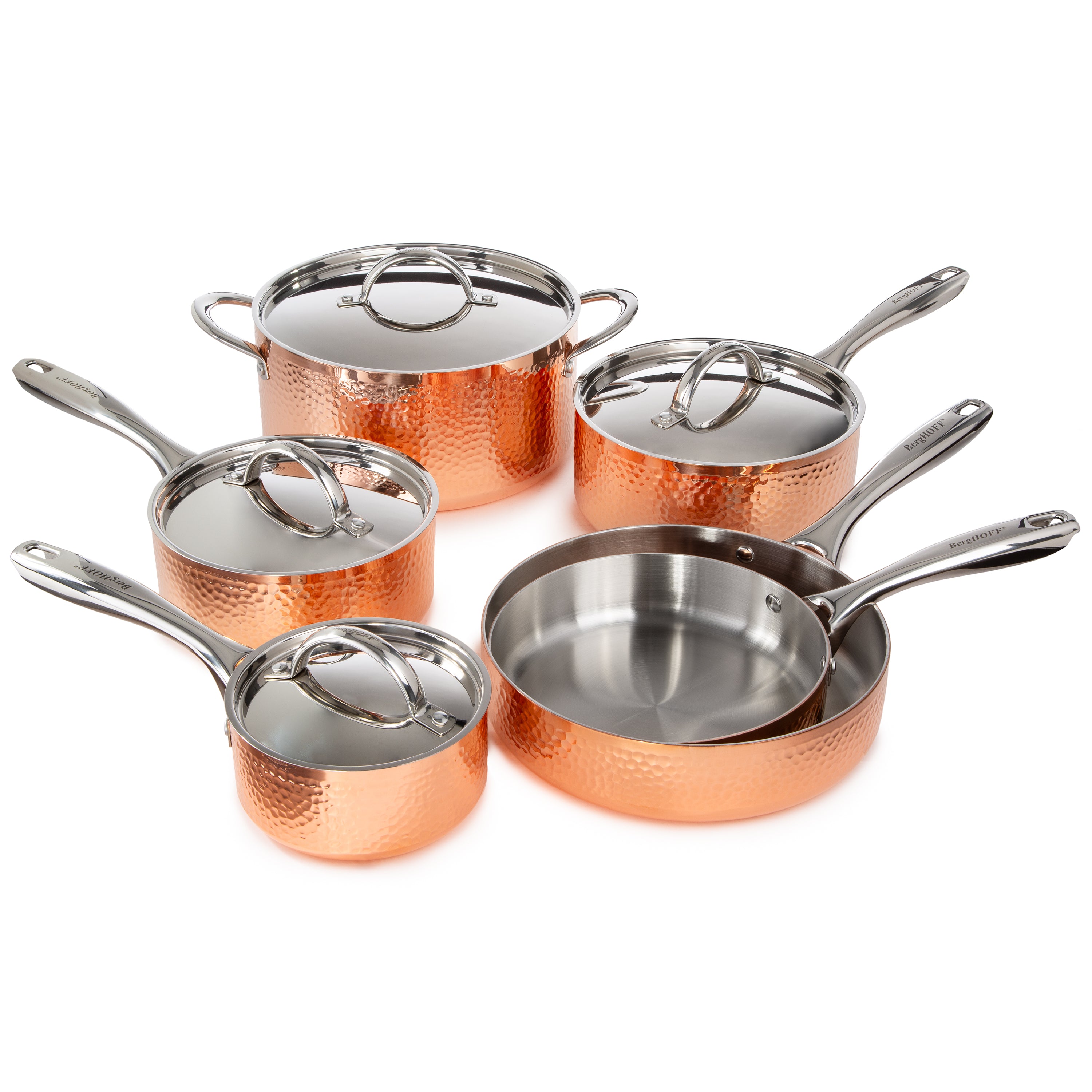 BergHOFF Vintage 10-Piece Tri-Ply Copper Cookware Set with Lids - Hammered Finish for Professional Cooking & Home Kitchen Use