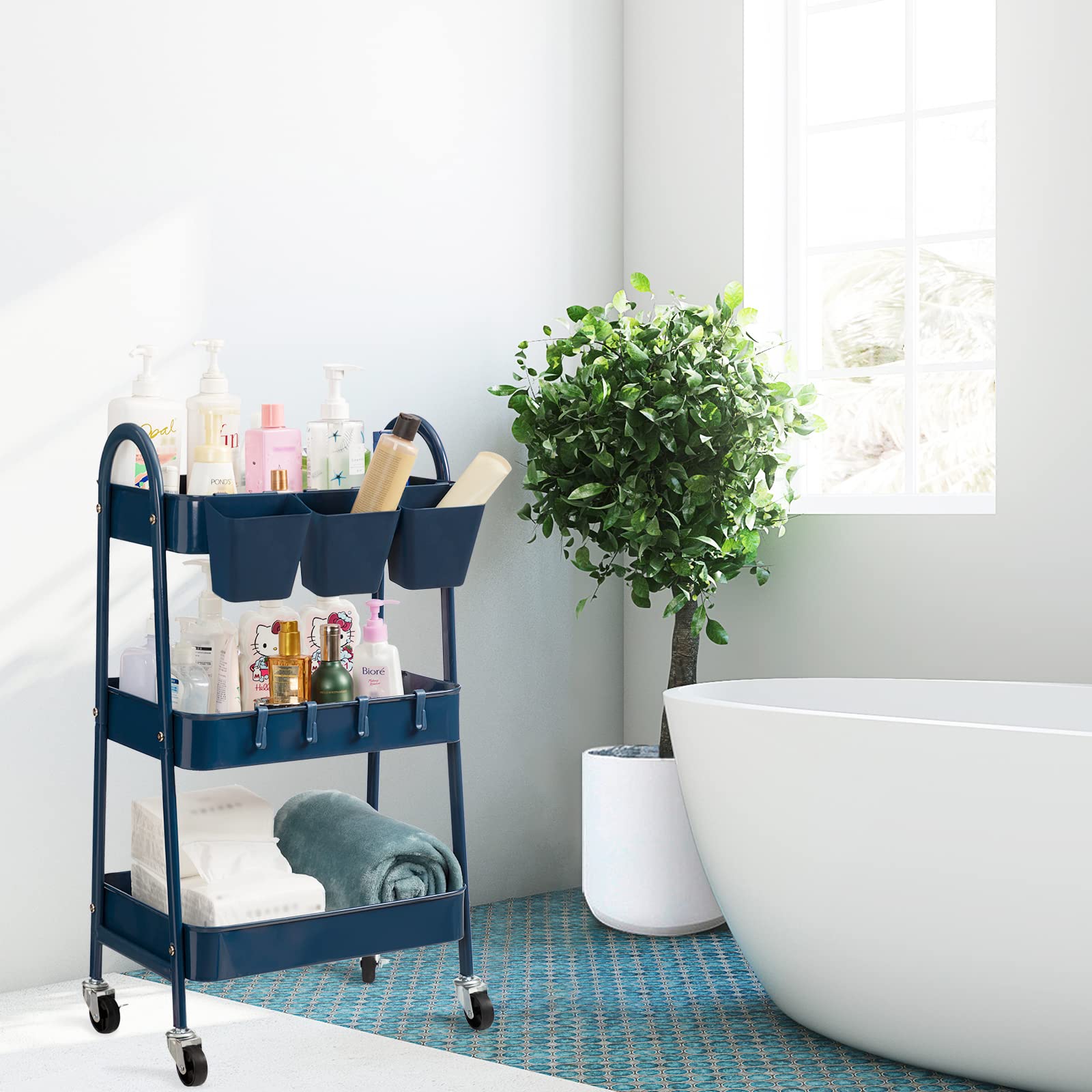 3-Tier Rolling Cart with Lockable Wheels & Hanging Accessories - Metal Storage Cart for Kitchen, Bathroom, Office & Workshop - Mobile Utility Cart for Organizing Supplies, Beauty Products & Tools - Dark Blue Trolley for Home & Commercial Use