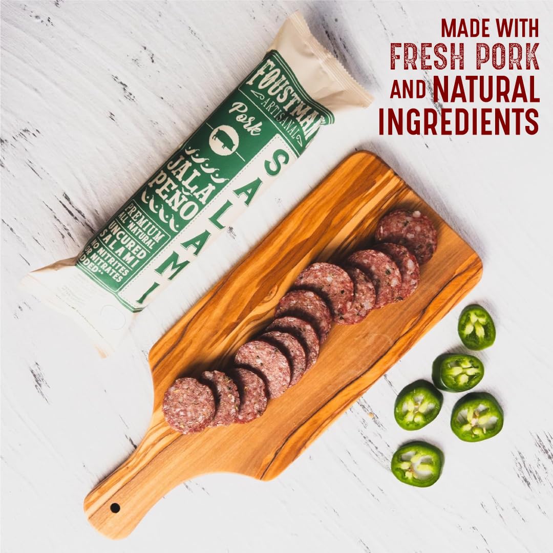 Foustman's Artisanal Jalapeno Pork Salami - Nitrate-Free, Naturally Cured, Gluten & Dairy Free Lunch Meat (8 Oz) - Perfect for Charcuterie Boards, Sandwiches & Keto Snacks